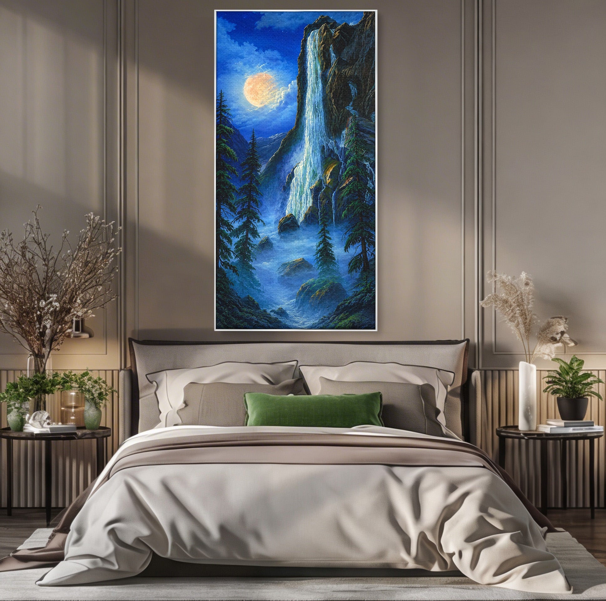 Tablou Canvas Premium LuxCanva® A1755, Cascada Sub Clar De Luna, Cascada, Luna, Peisaj, Natura, Munti, Living, Culori Vibrante