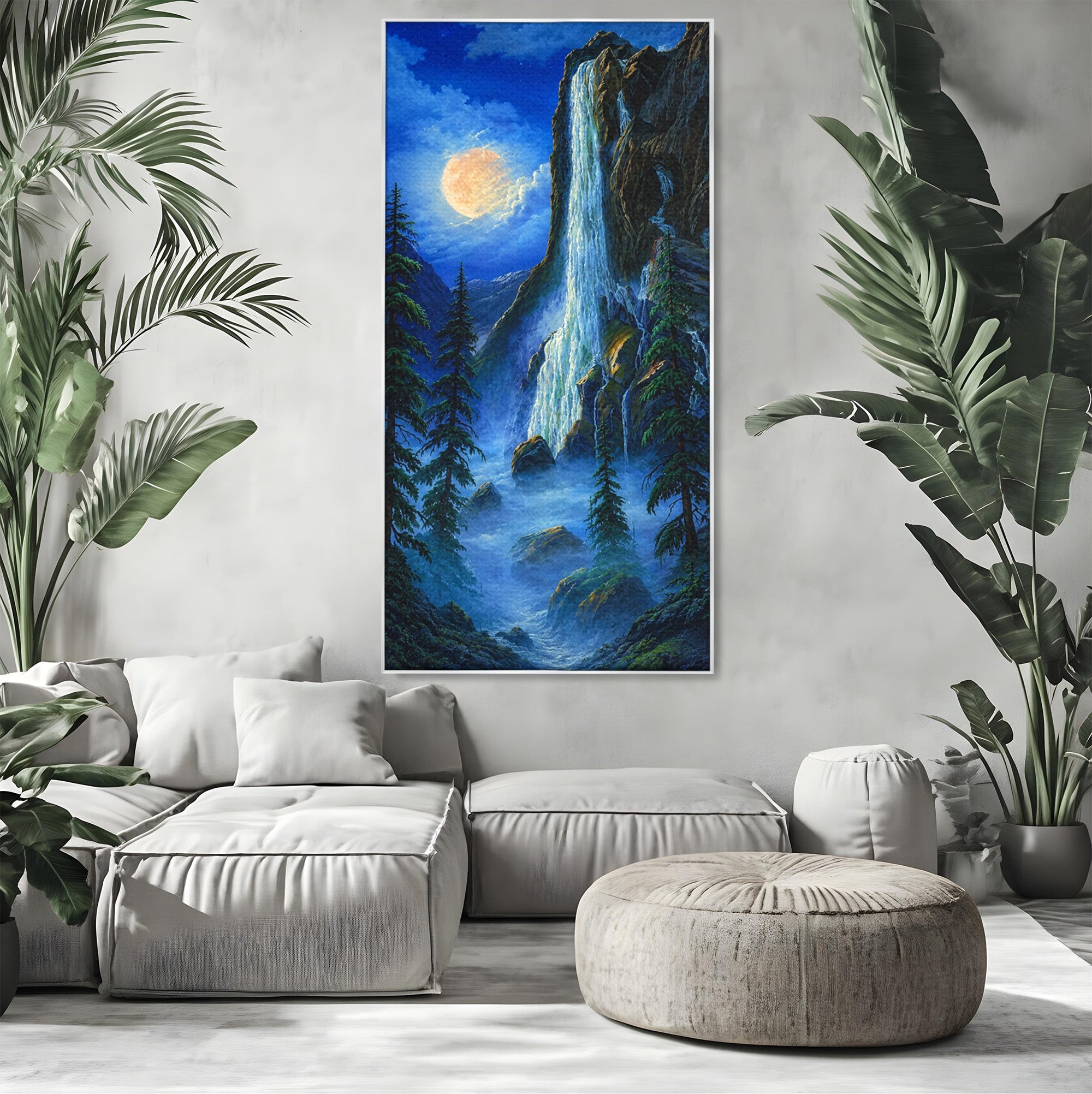 Tablou Canvas Premium LuxCanva® A1755, Cascada Sub Clar De Luna, Cascada, Luna, Peisaj, Natura, Munti, Living, Culori Vibrante