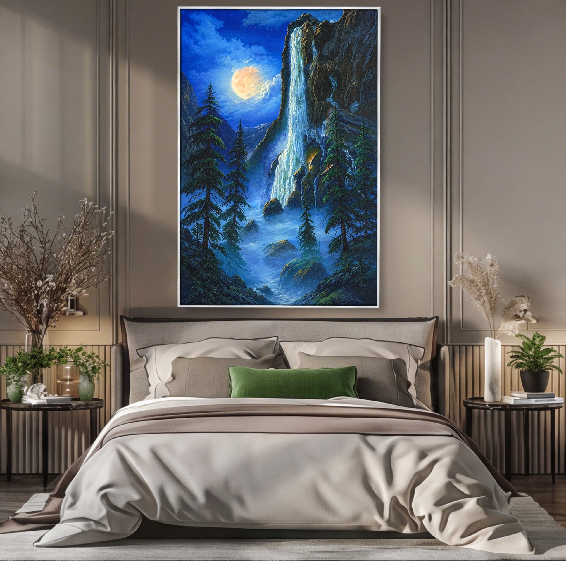 Tablou Canvas Premium LuxCanva® A1755, Cascada Sub Clar De Luna, Cascada, Luna, Peisaj, Natura, Munti, Living, Culori Vibrante