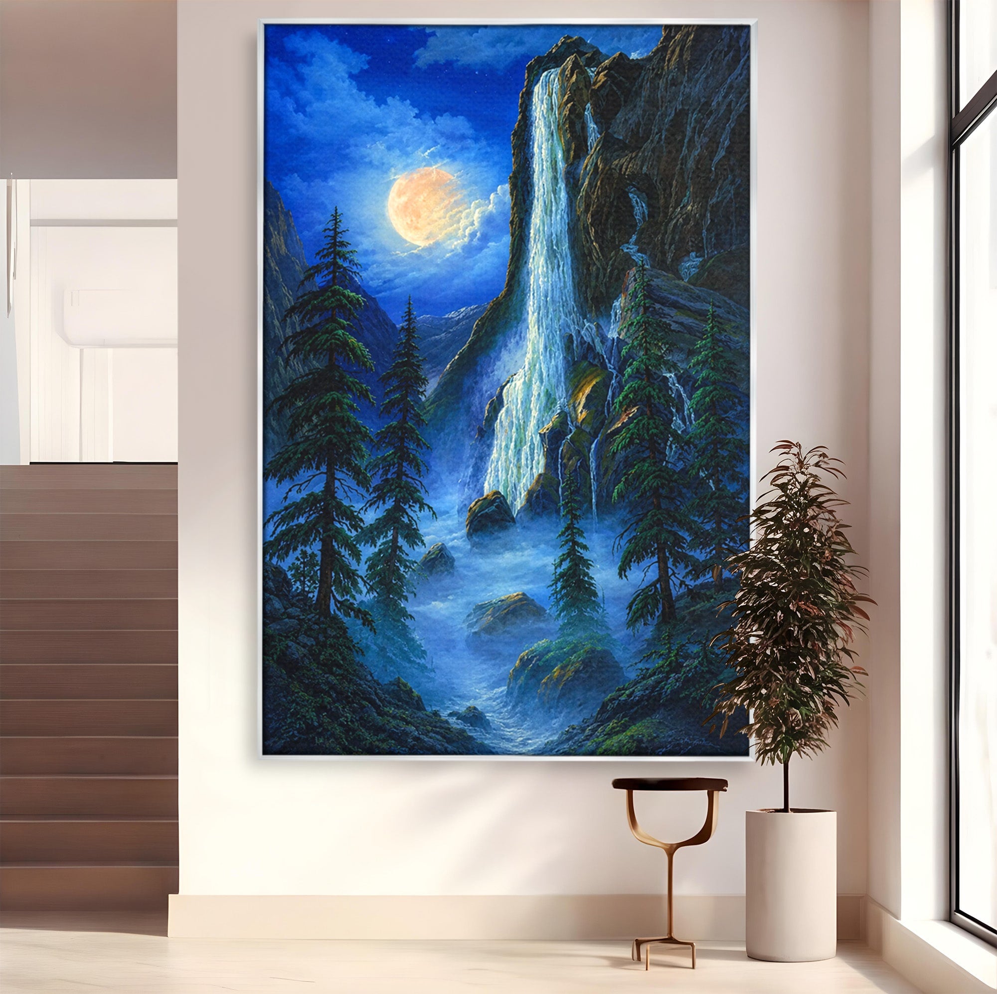 Tablou Canvas Premium LuxCanva® A1755, Cascada Sub Clar De Luna, Cascada, Luna, Peisaj, Natura, Munti, Living, Culori Vibrante