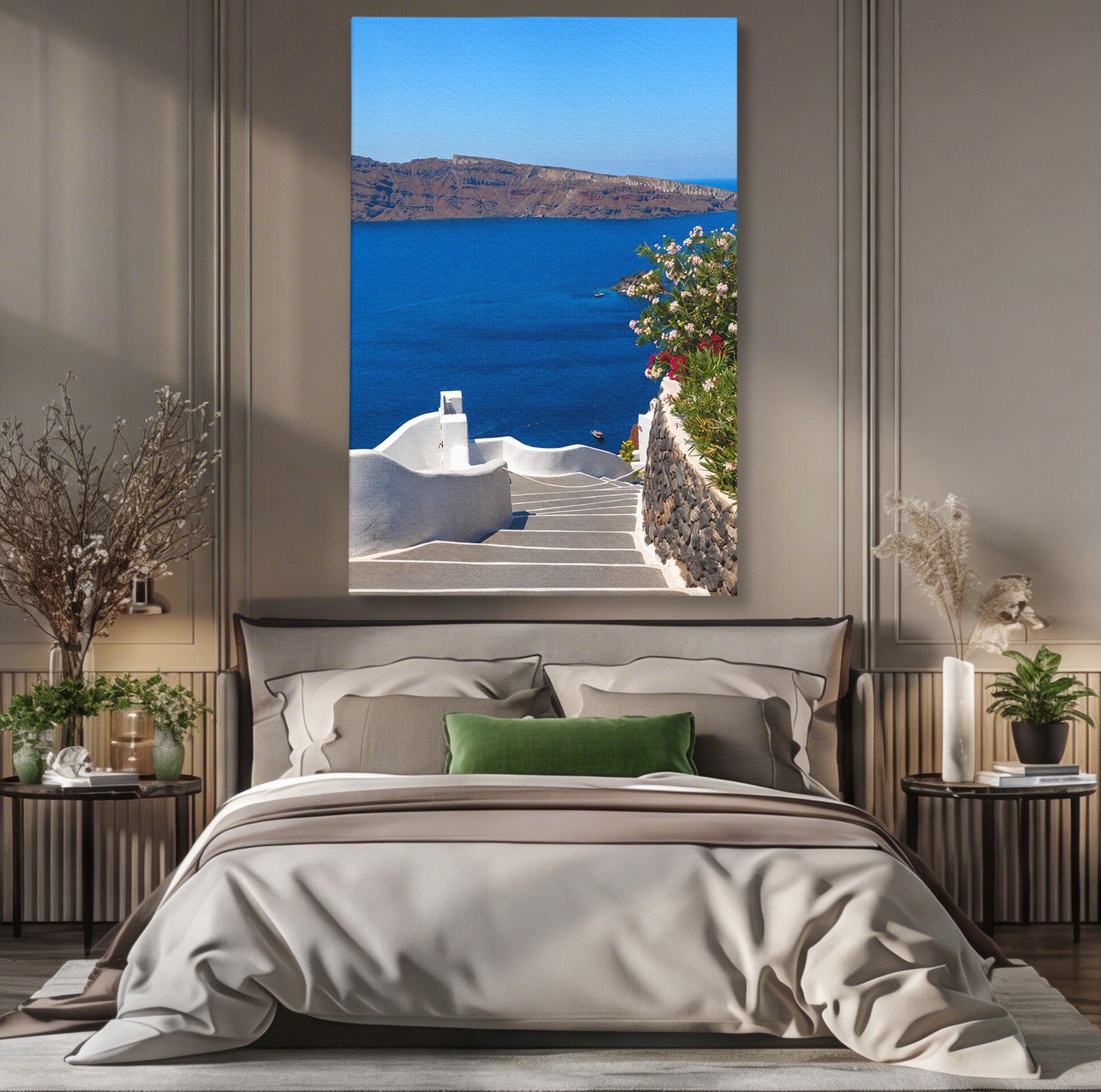 Tablou Canvas Premium LuxCanva® A1758, Scara Spre Mare, Mare, Peisaj, Santorini, Vacanta, Living, Culori Vibrante