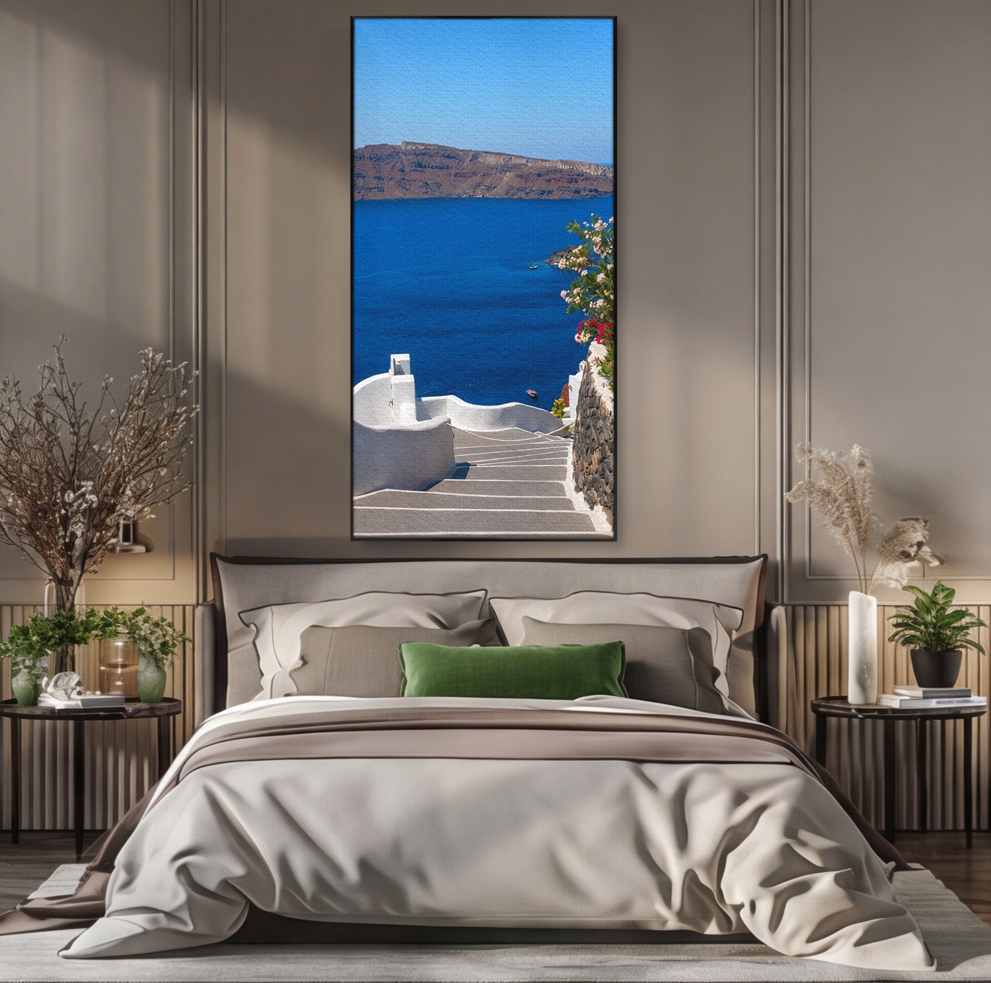 Tablou Canvas Premium LuxCanva® A1758, Scara Spre Mare, Mare, Peisaj, Santorini, Vacanta, Living, Culori Vibrante