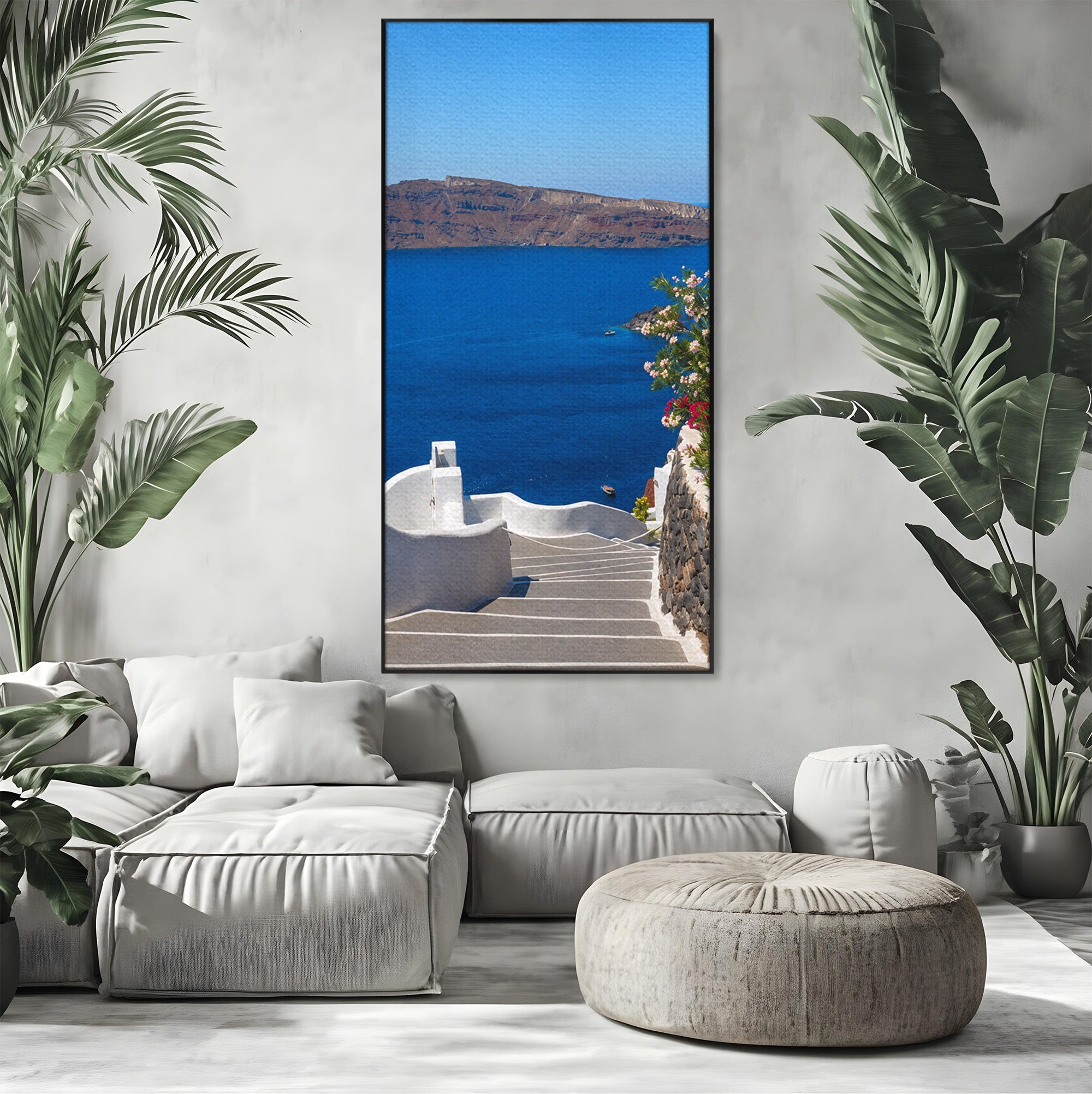 Tablou Canvas Premium LuxCanva® A1758, Scara Spre Mare, Mare, Peisaj, Santorini, Vacanta, Living, Culori Vibrante