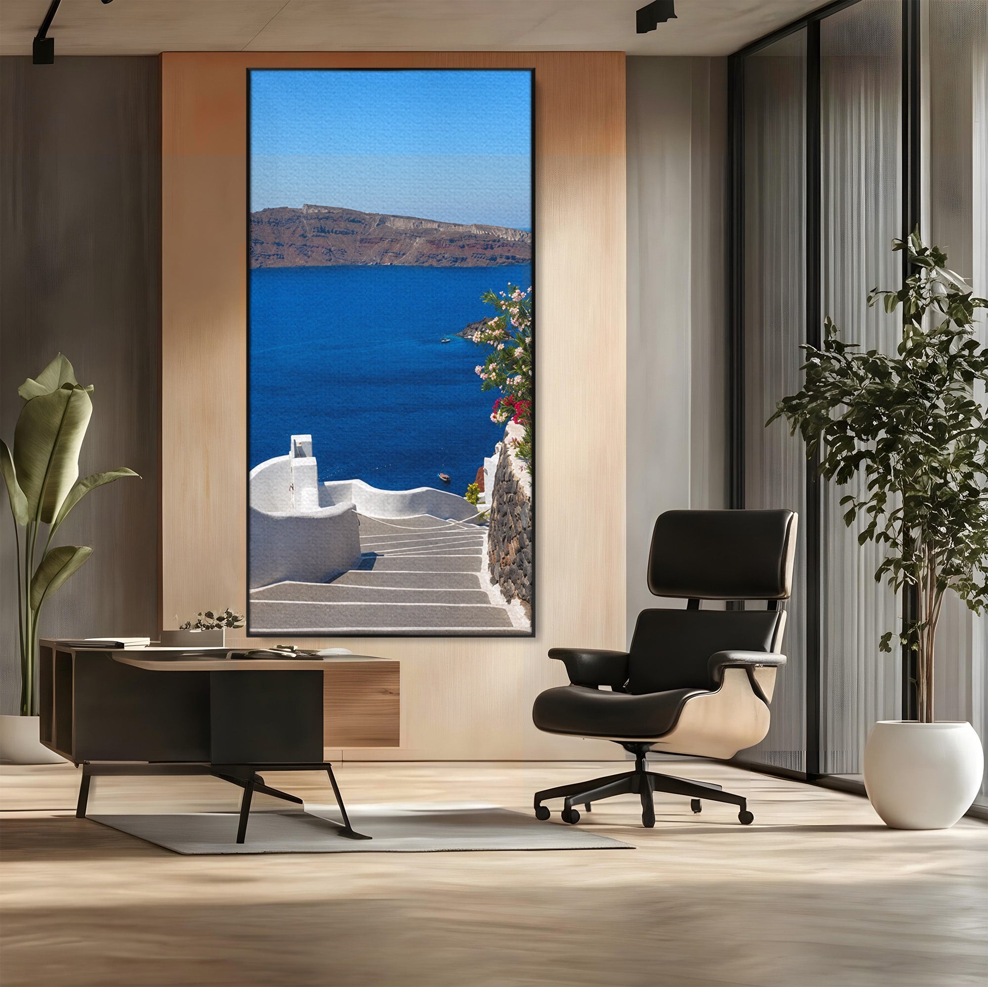 Tablou Canvas Premium LuxCanva® A1758, Scara Spre Mare, Mare, Peisaj, Santorini, Vacanta, Living, Culori Vibrante