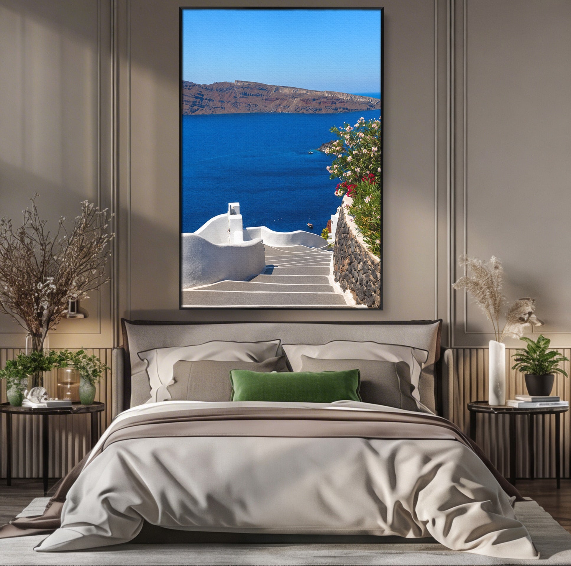 Tablou Canvas Premium LuxCanva® A1758, Scara Spre Mare, Mare, Peisaj, Santorini, Vacanta, Living, Culori Vibrante