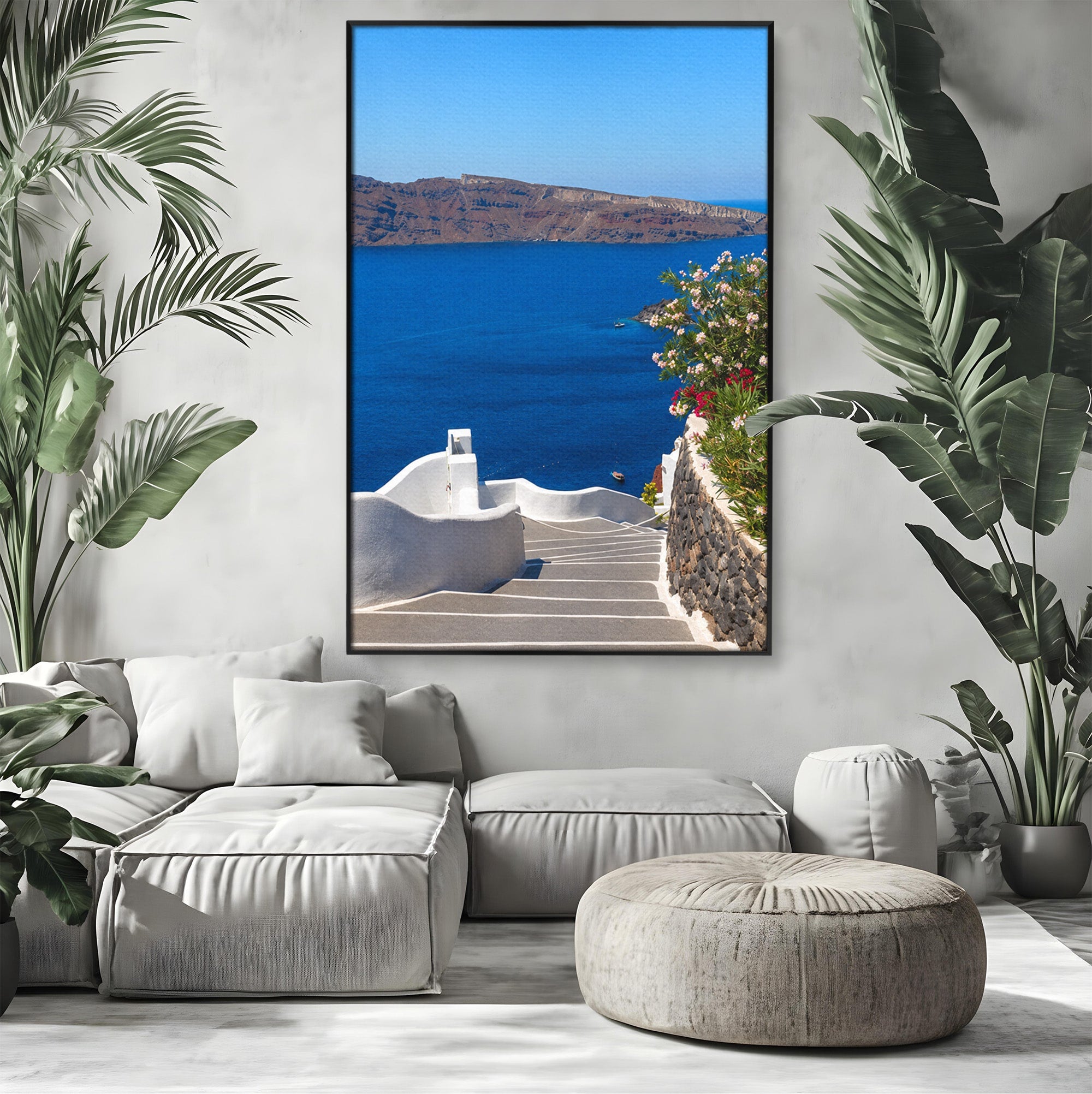 Tablou Canvas Premium LuxCanva® A1758, Scara Spre Mare, Mare, Peisaj, Santorini, Vacanta, Living, Culori Vibrante