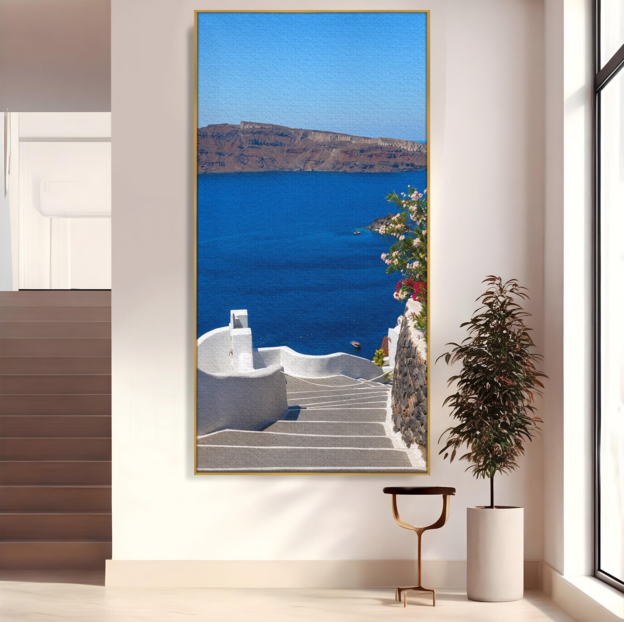 Tablou Canvas Premium LuxCanva® A1758, Scara Spre Mare, Mare, Peisaj, Santorini, Vacanta, Living, Culori Vibrante
