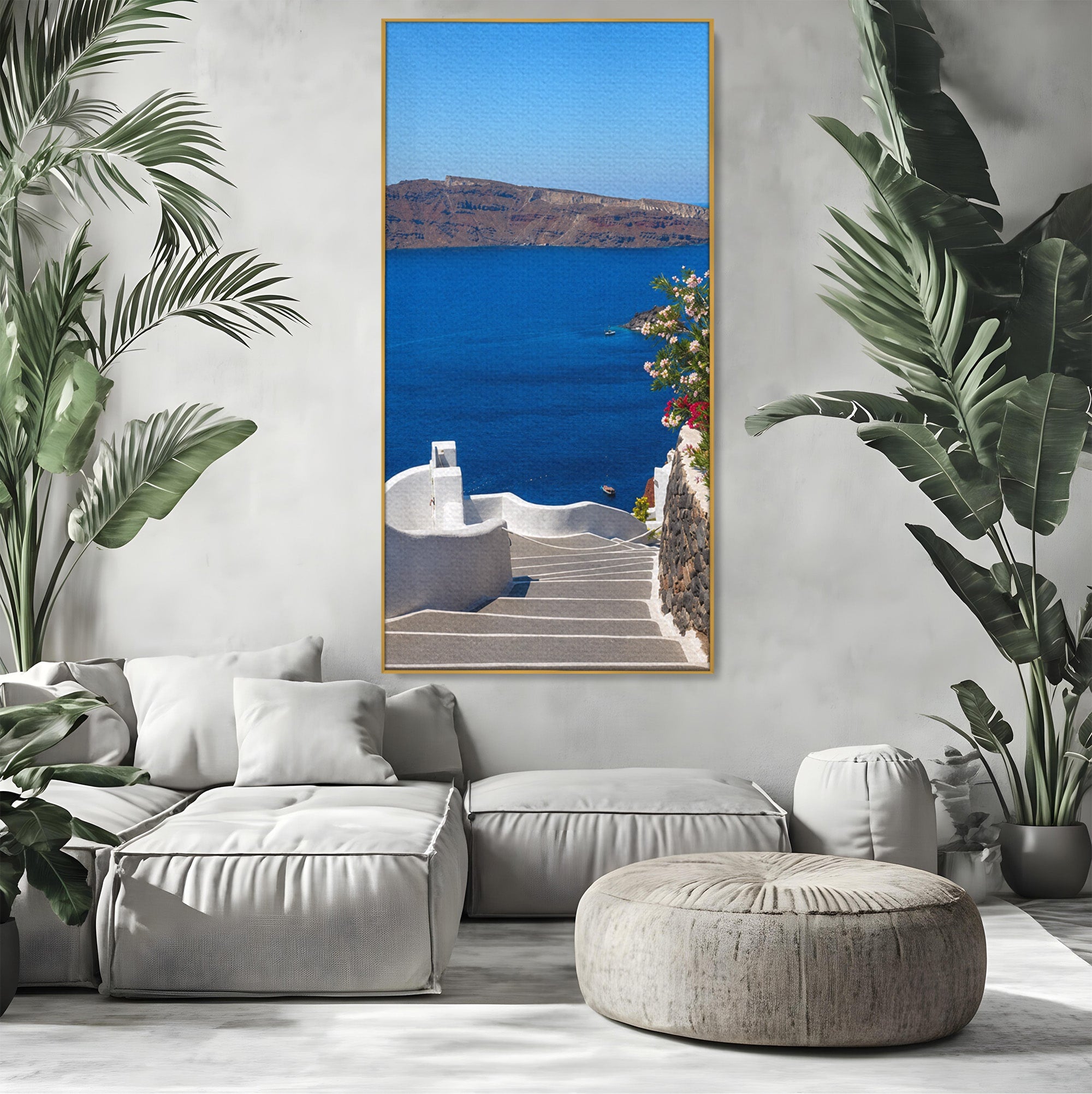 Tablou Canvas Premium LuxCanva® A1758, Scara Spre Mare, Mare, Peisaj, Santorini, Vacanta, Living, Culori Vibrante