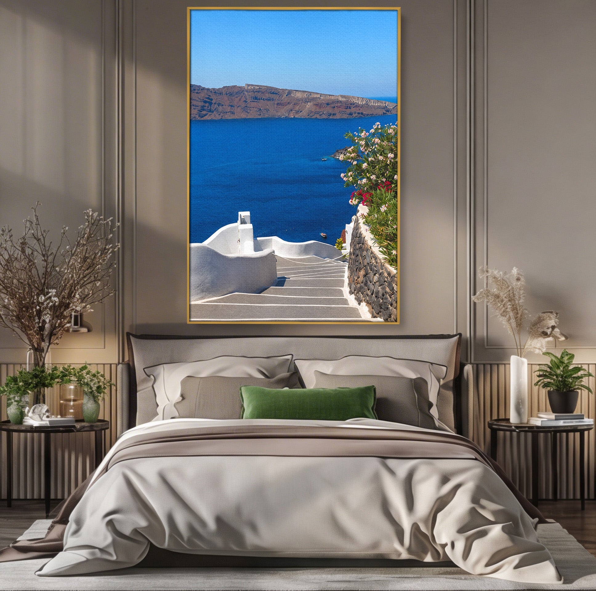 Tablou Canvas Premium LuxCanva® A1758, Scara Spre Mare, Mare, Peisaj, Santorini, Vacanta, Living, Culori Vibrante