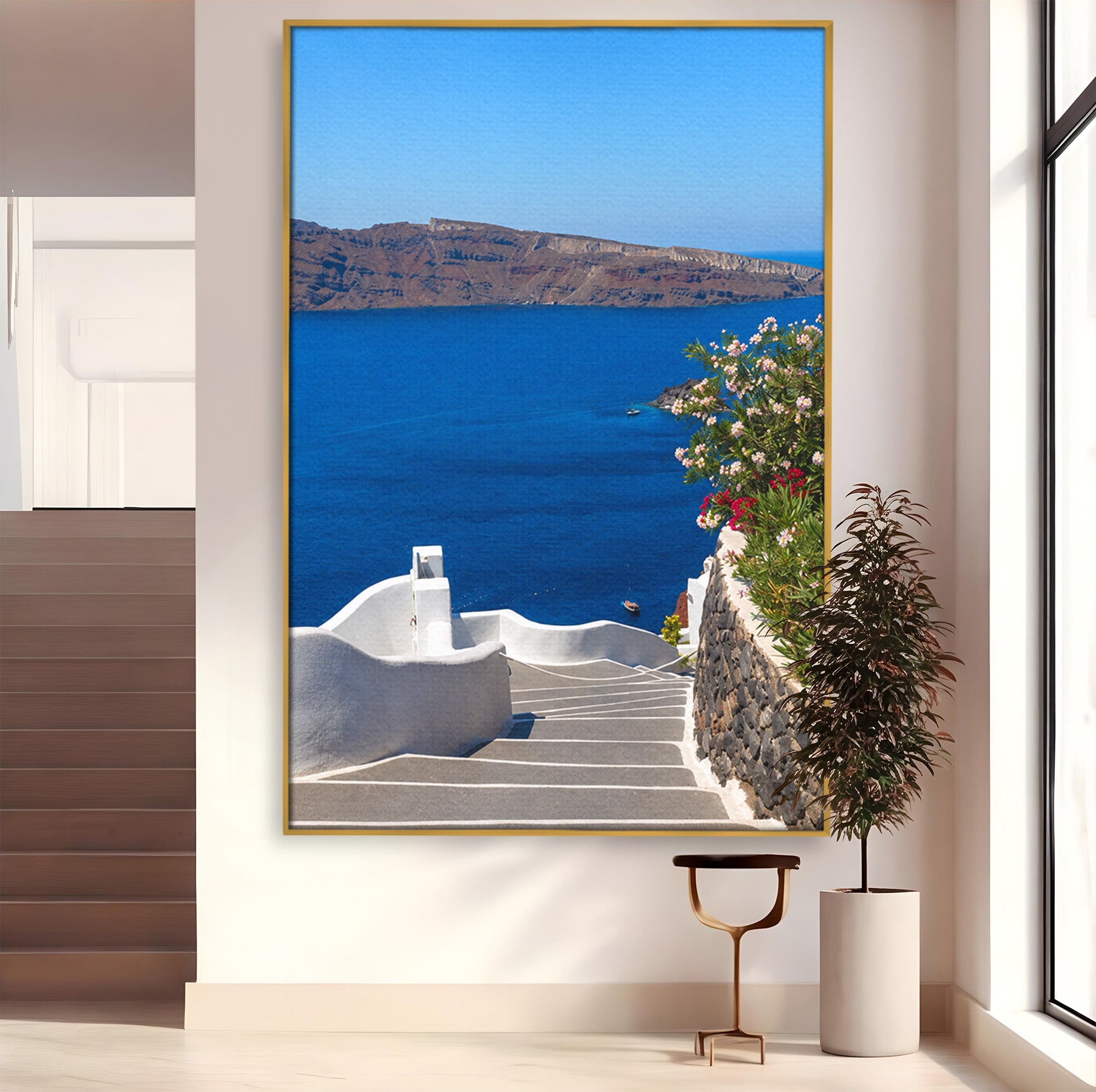 Tablou Canvas Premium LuxCanva® A1758, Scara Spre Mare, Mare, Peisaj, Santorini, Vacanta, Living, Culori Vibrante