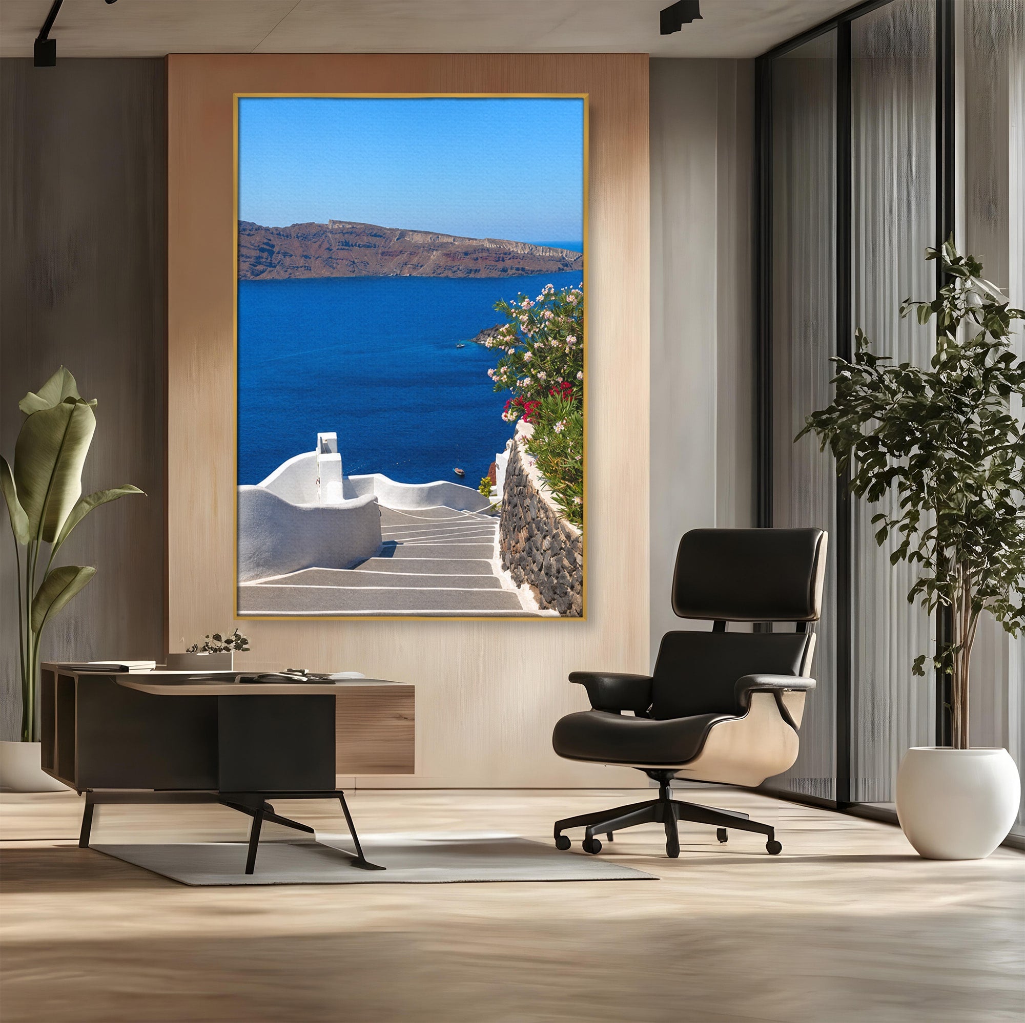 Tablou Canvas Premium LuxCanva® A1758, Scara Spre Mare, Mare, Peisaj, Santorini, Vacanta, Living, Culori Vibrante