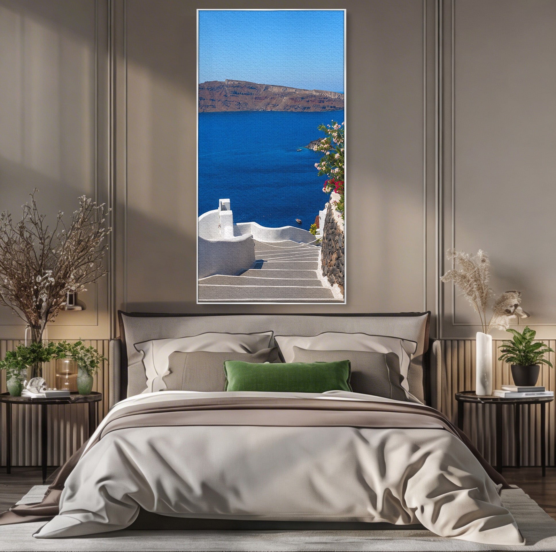 Tablou Canvas Premium LuxCanva® A1758, Scara Spre Mare, Mare, Peisaj, Santorini, Vacanta, Living, Culori Vibrante