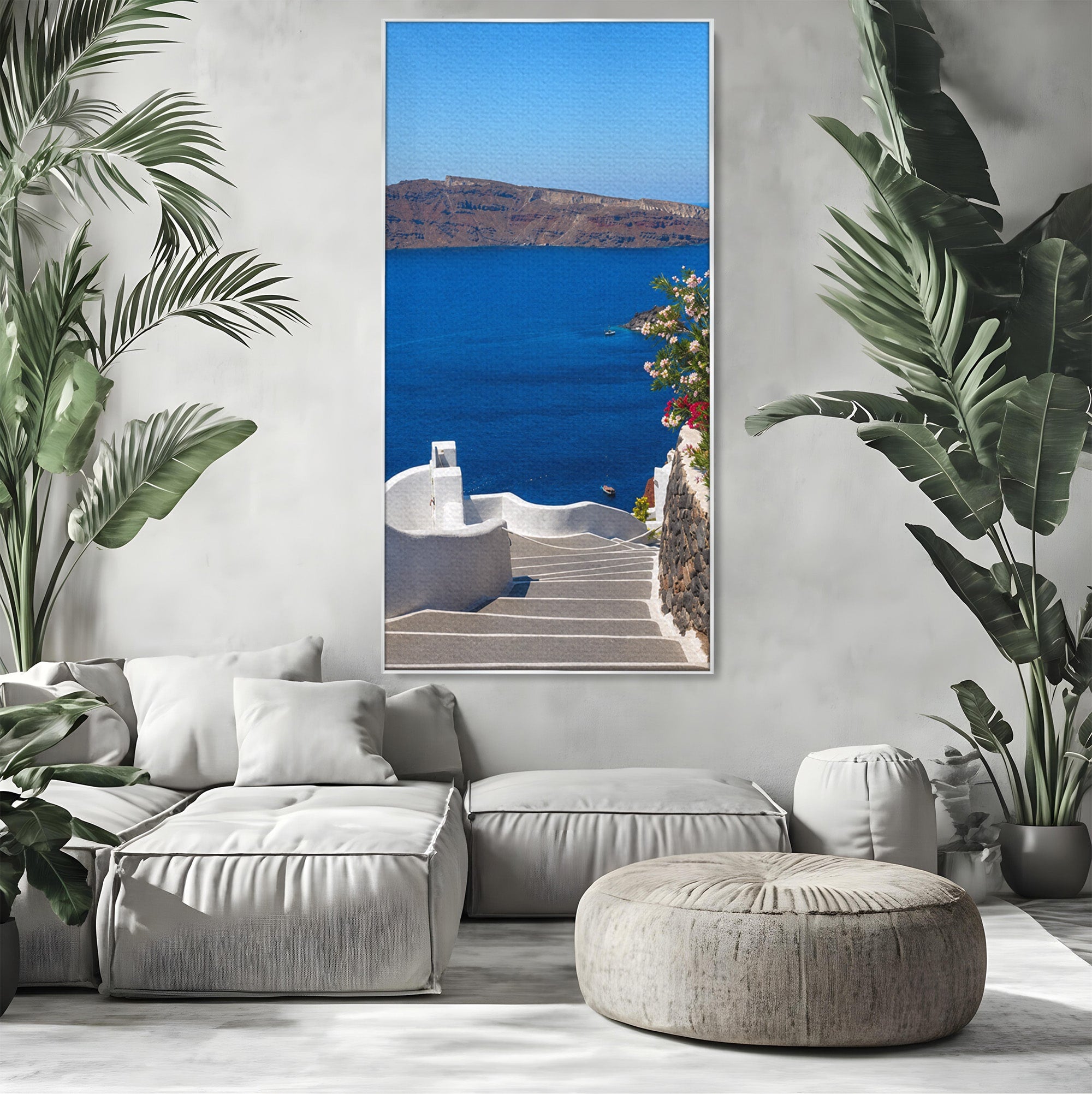 Tablou Canvas Premium LuxCanva® A1758, Scara Spre Mare, Mare, Peisaj, Santorini, Vacanta, Living, Culori Vibrante