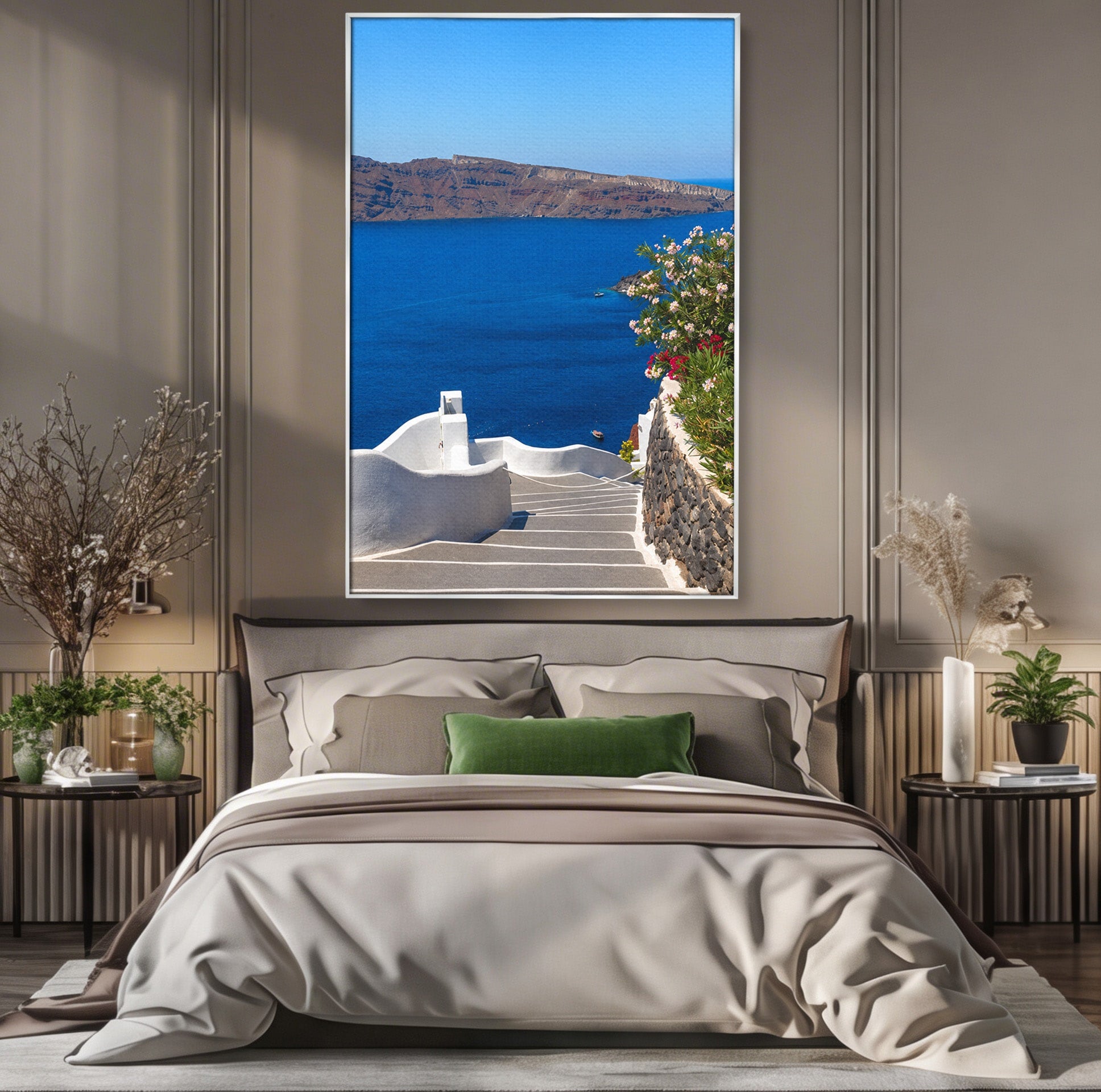 Tablou Canvas Premium LuxCanva® A1758, Scara Spre Mare, Mare, Peisaj, Santorini, Vacanta, Living, Culori Vibrante