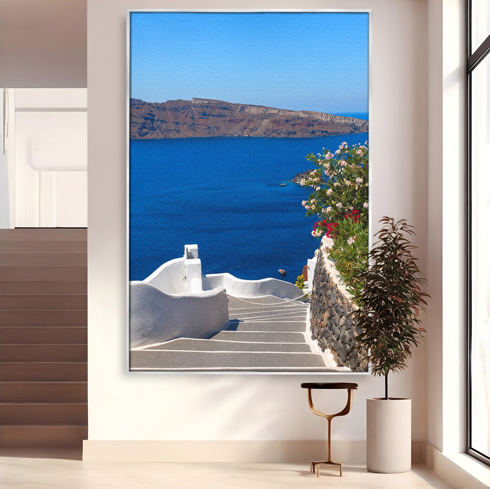 Tablou Canvas Premium LuxCanva® A1758, Scara Spre Mare, Mare, Peisaj, Santorini, Vacanta, Living, Culori Vibrante