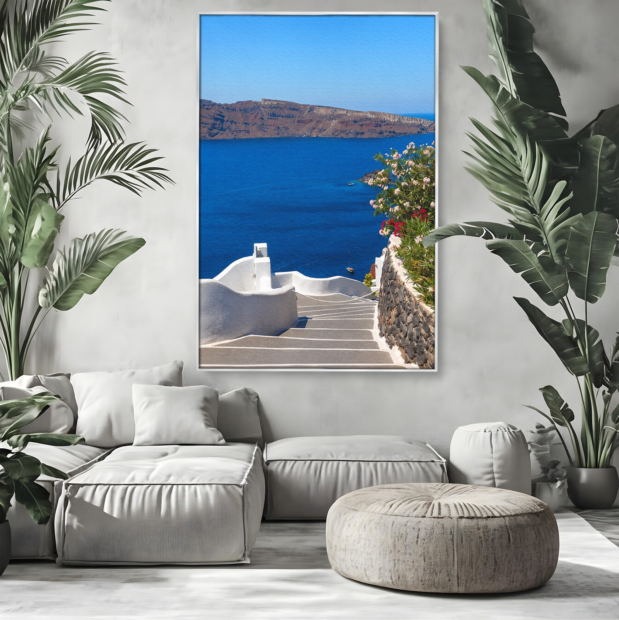 Tablou Canvas Premium LuxCanva® A1758, Scara Spre Mare, Mare, Peisaj, Santorini, Vacanta, Living, Culori Vibrante