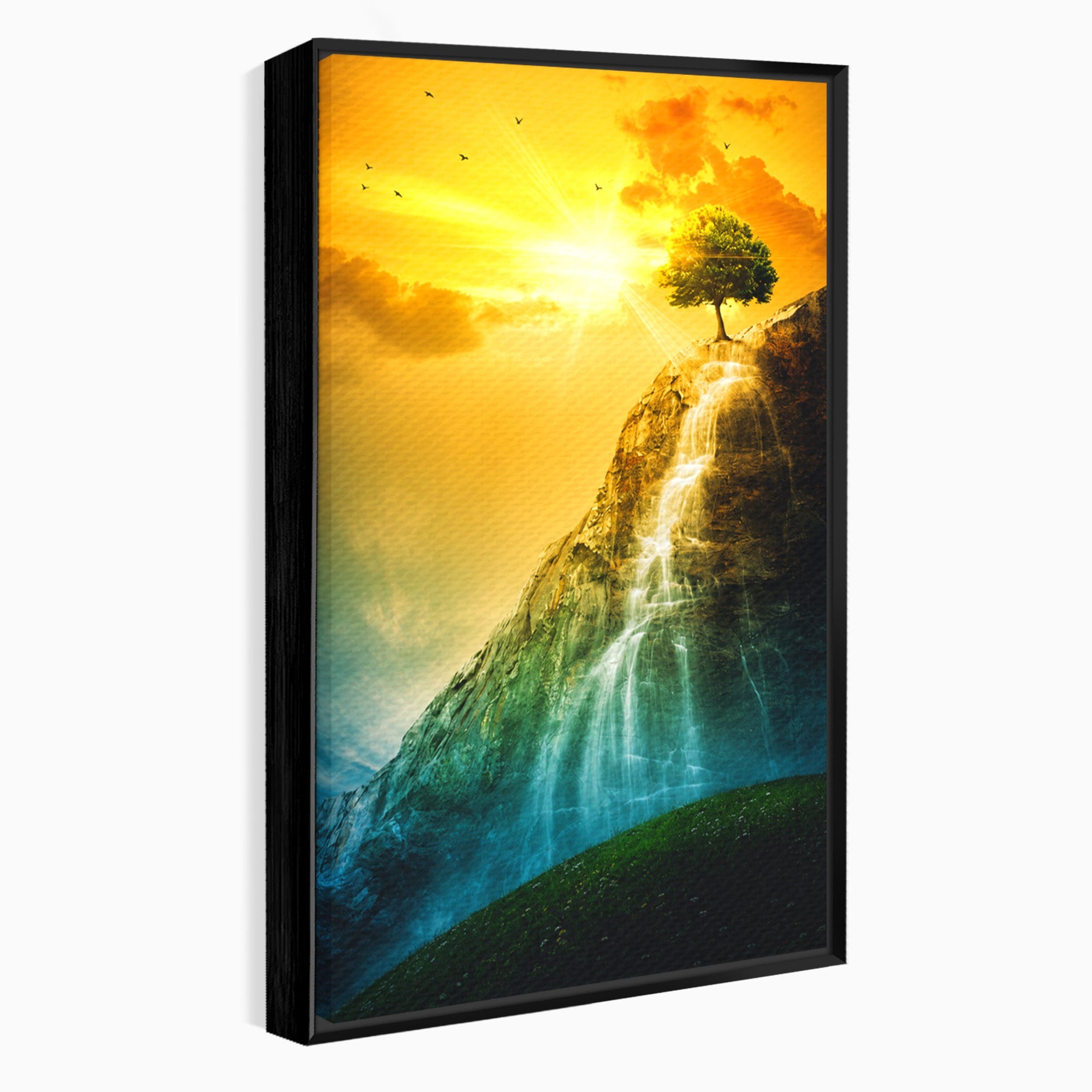 Tablou Canvas Premium LuxCanva® A1762, Copac Singuratic Pe Stanca, Peisaj, Copac, Stanca, Apus, Living, Natura, Culori Vibrante