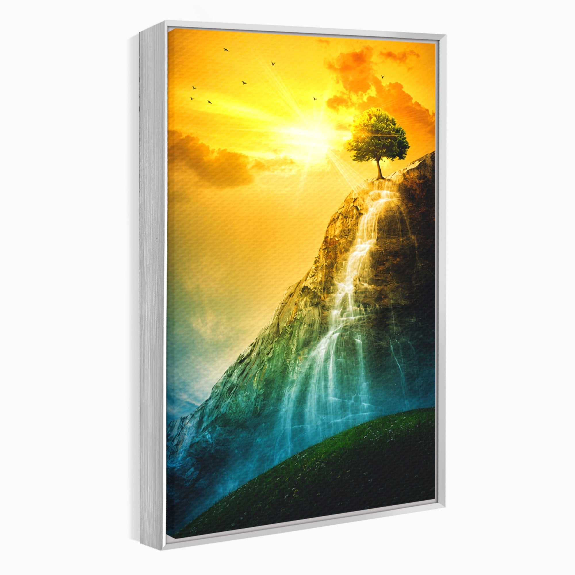 Tablou Canvas Premium LuxCanva® A1762, Copac Singuratic Pe Stanca, Peisaj, Copac, Stanca, Apus, Living, Natura, Culori Vibrante