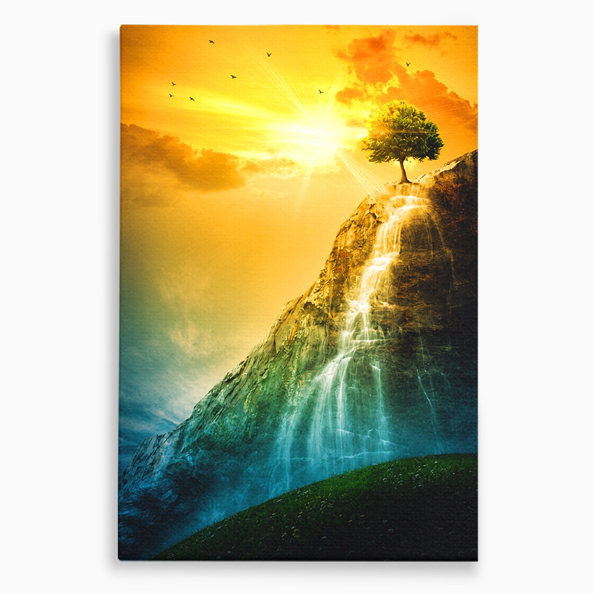Tablou Canvas Premium LuxCanva® A1762, Copac Singuratic Pe Stanca, Peisaj, Copac, Stanca, Apus, Living, Natura, Culori Vibrante