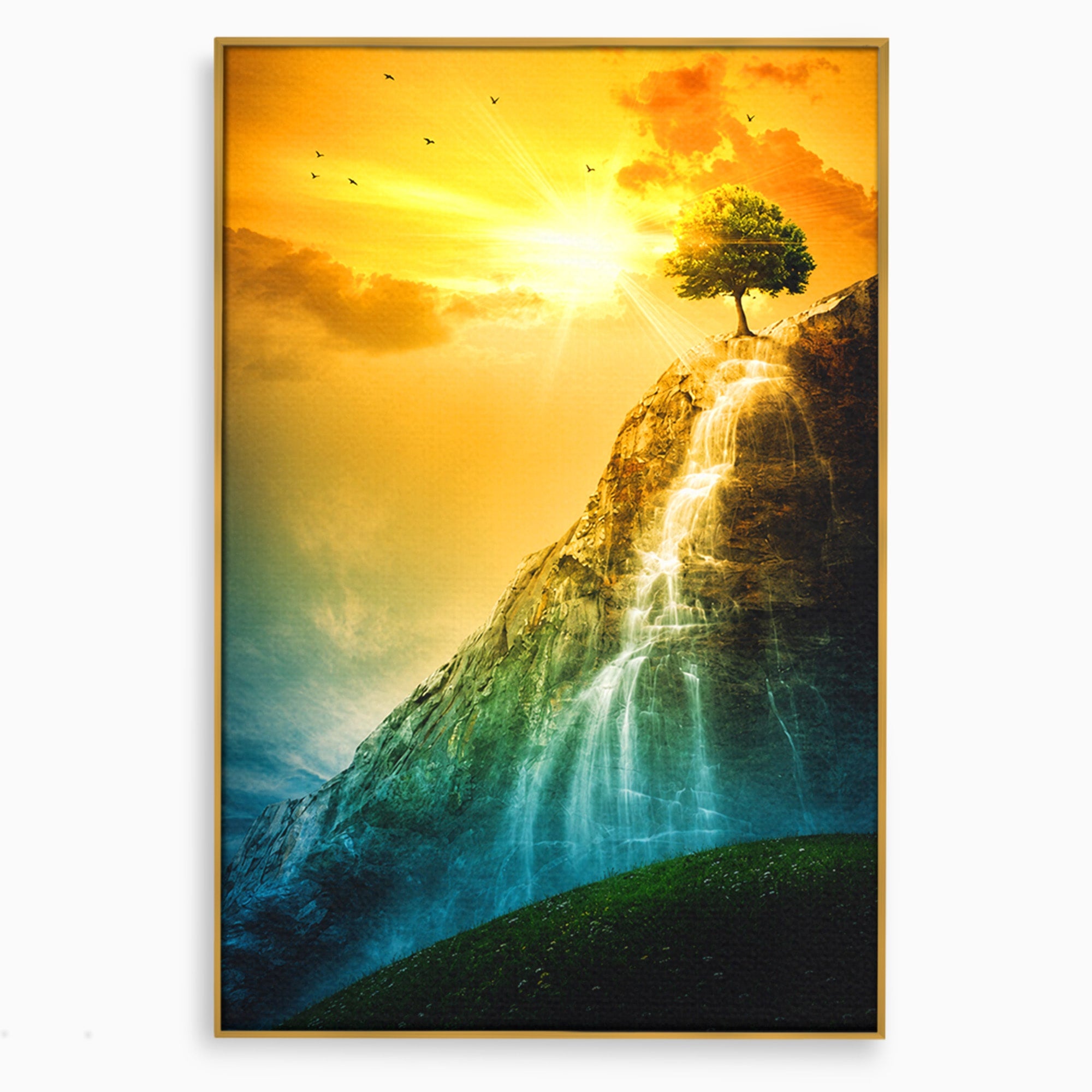 Tablou Canvas Premium LuxCanva® A1762, Copac Singuratic Pe Stanca, Peisaj, Copac, Stanca, Apus, Living, Natura, Culori Vibrante