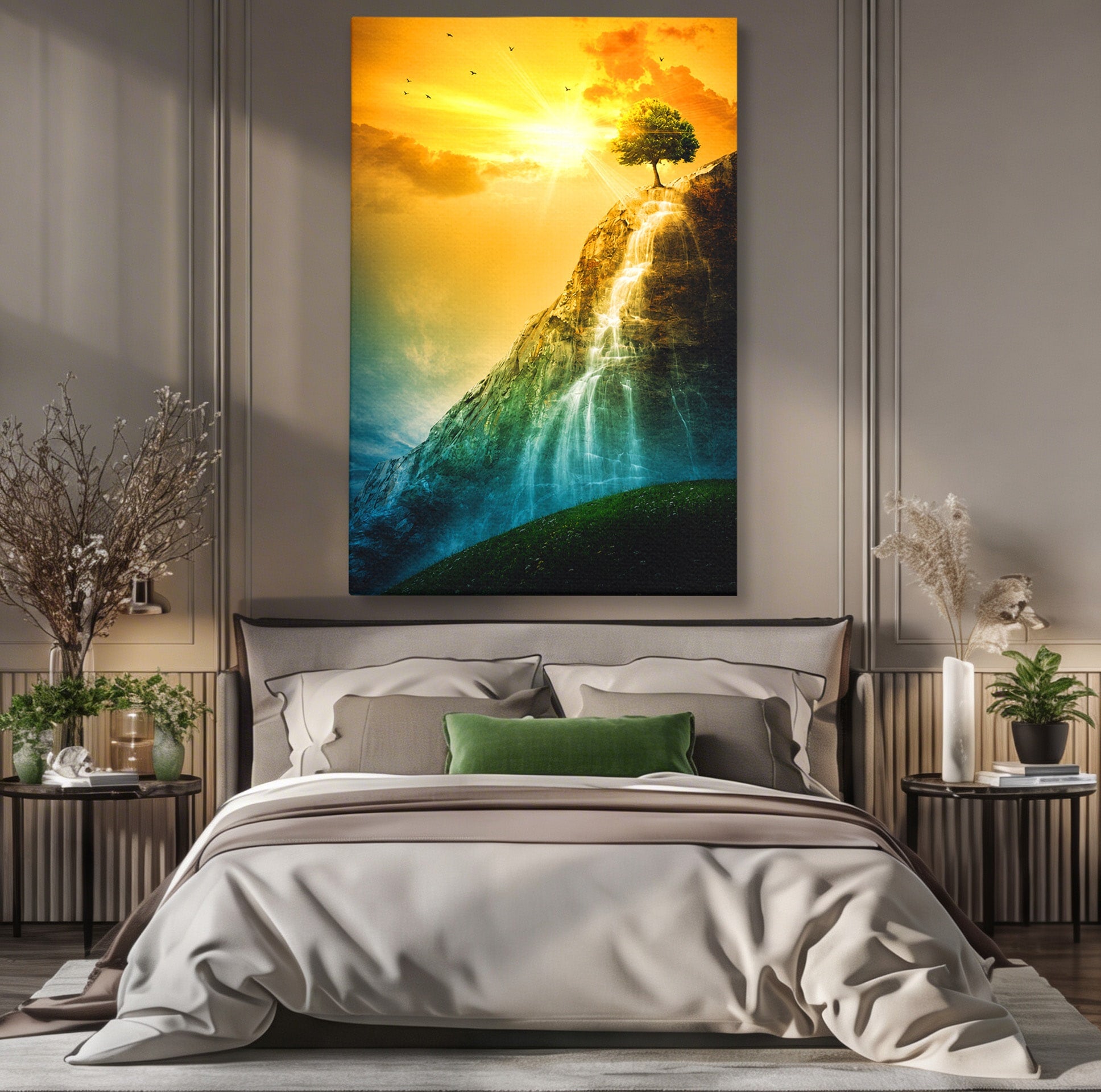Tablou Canvas Premium LuxCanva® A1762, Copac Singuratic Pe Stanca, Peisaj, Copac, Stanca, Apus, Living, Natura, Culori Vibrante
