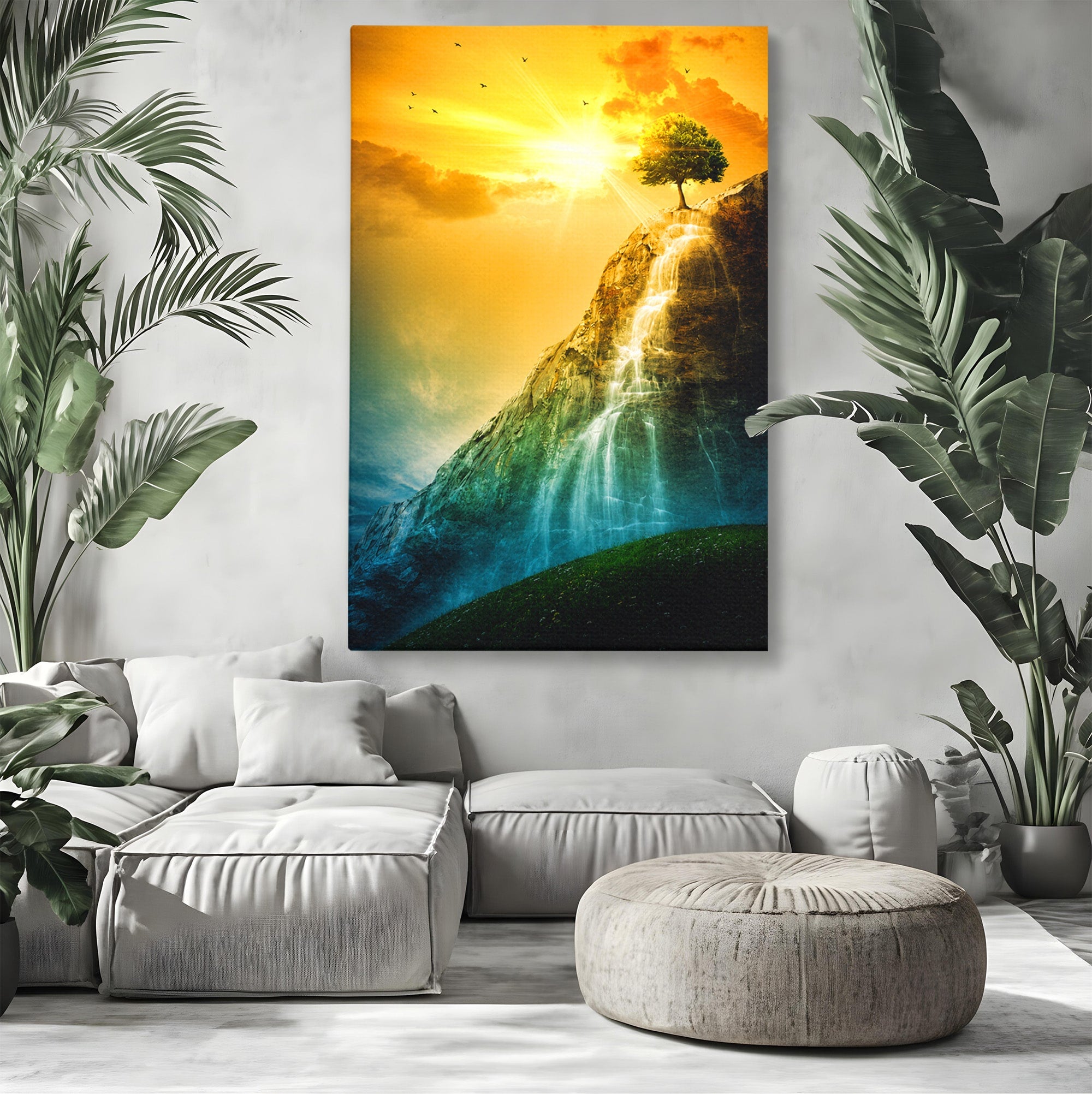 Tablou Canvas Premium LuxCanva® A1762, Copac Singuratic Pe Stanca, Peisaj, Copac, Stanca, Apus, Living, Natura, Culori Vibrante