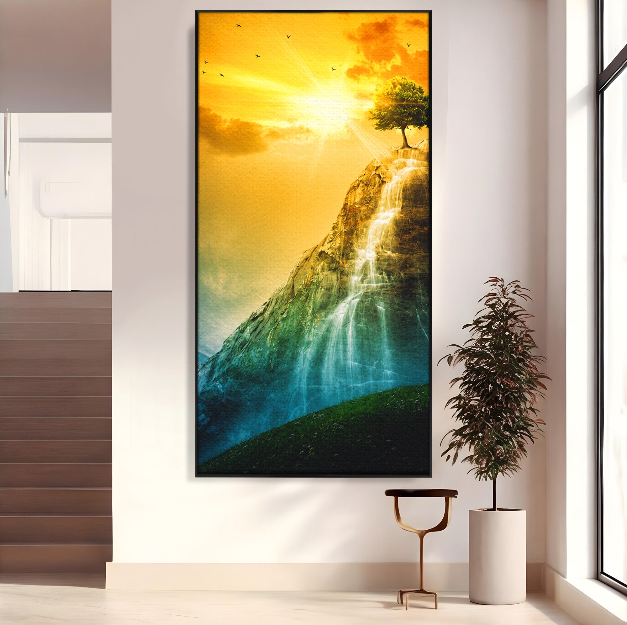 Tablou Canvas Premium LuxCanva® A1762, Copac Singuratic Pe Stanca, Peisaj, Copac, Stanca, Apus, Living, Natura, Culori Vibrante