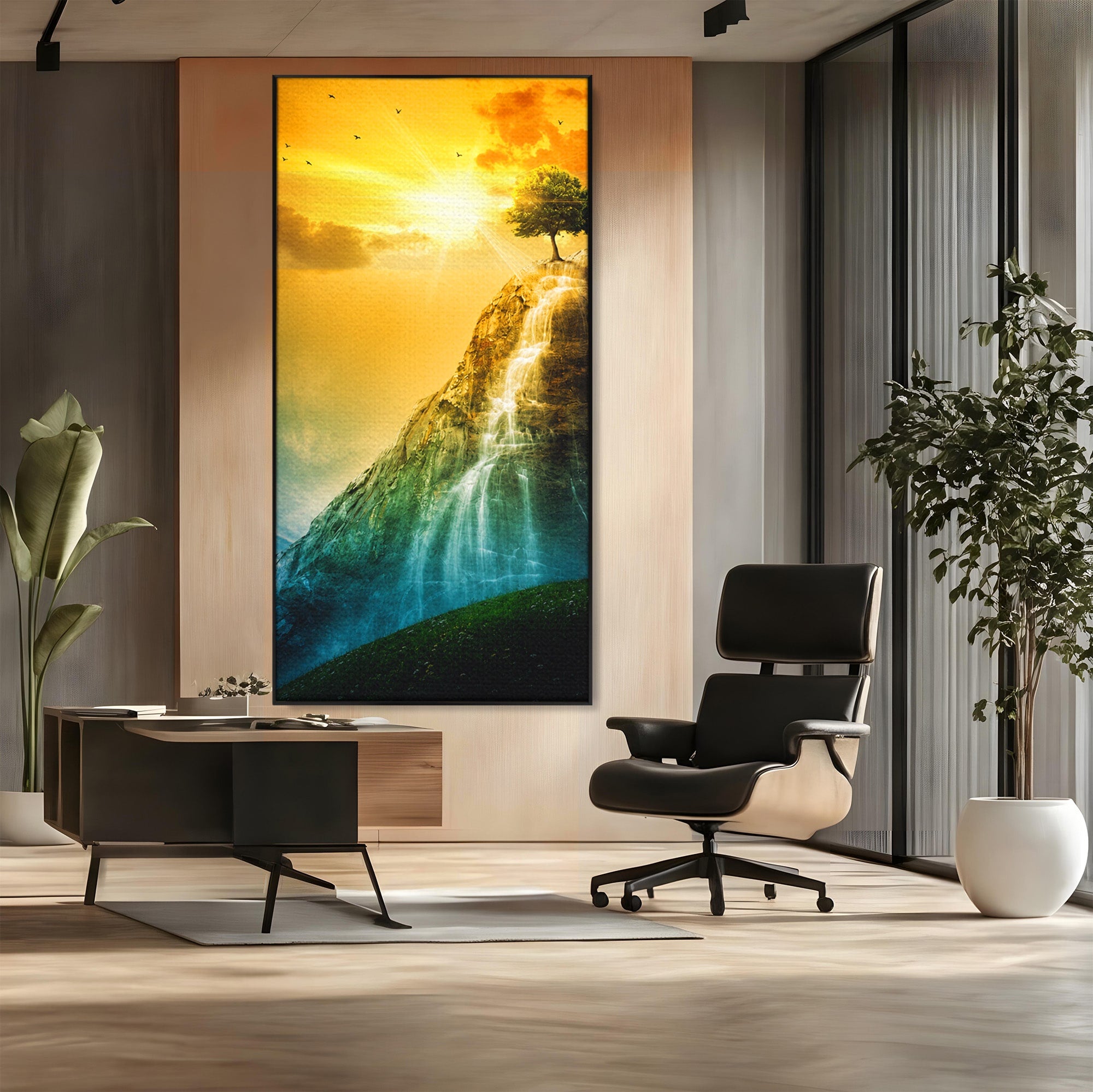 Tablou Canvas Premium LuxCanva® A1762, Copac Singuratic Pe Stanca, Peisaj, Copac, Stanca, Apus, Living, Natura, Culori Vibrante
