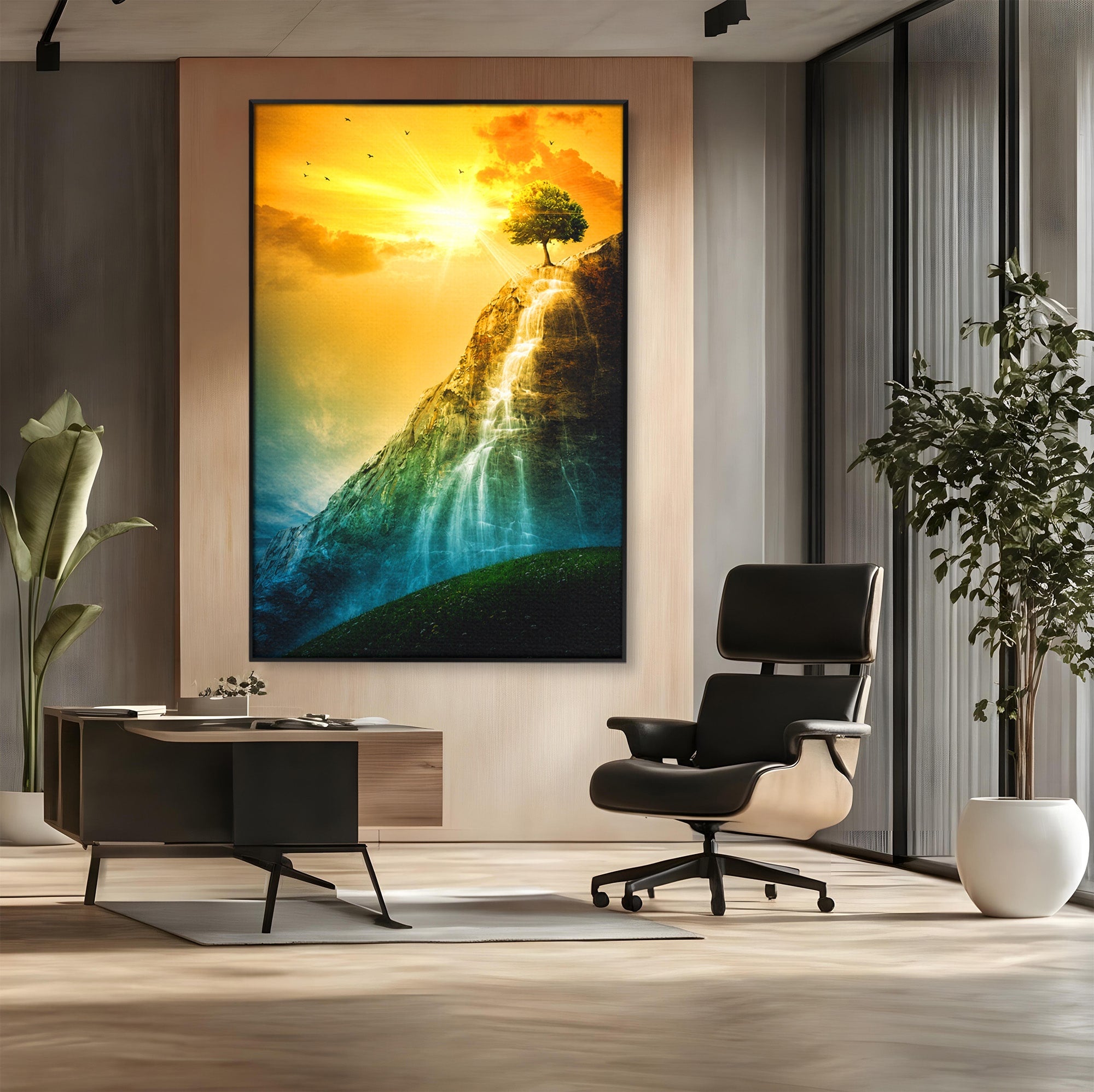 Tablou Canvas Premium LuxCanva® A1762, Copac Singuratic Pe Stanca, Peisaj, Copac, Stanca, Apus, Living, Natura, Culori Vibrante