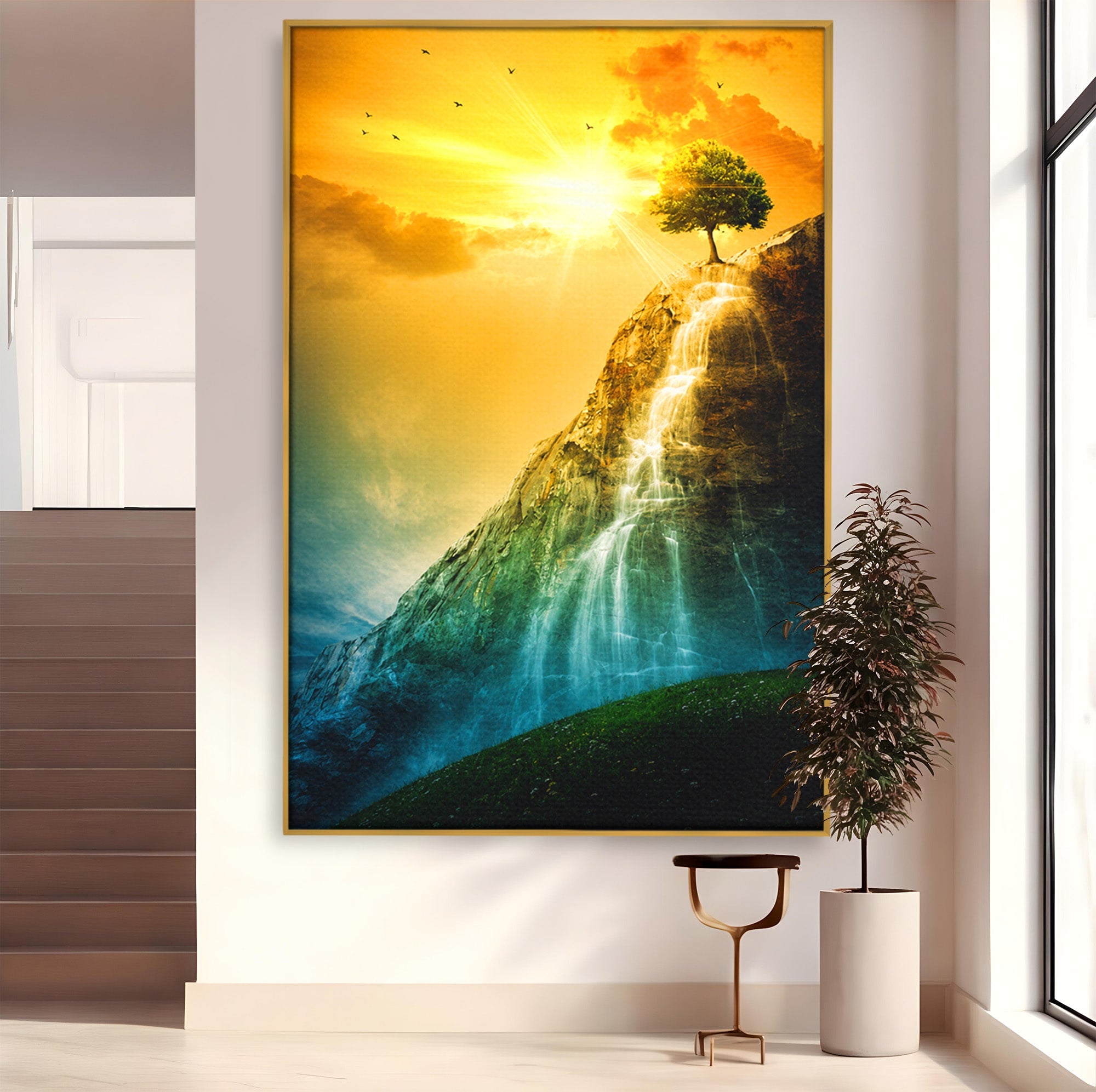 Tablou Canvas Premium LuxCanva® A1762, Copac Singuratic Pe Stanca, Peisaj, Copac, Stanca, Apus, Living, Natura, Culori Vibrante