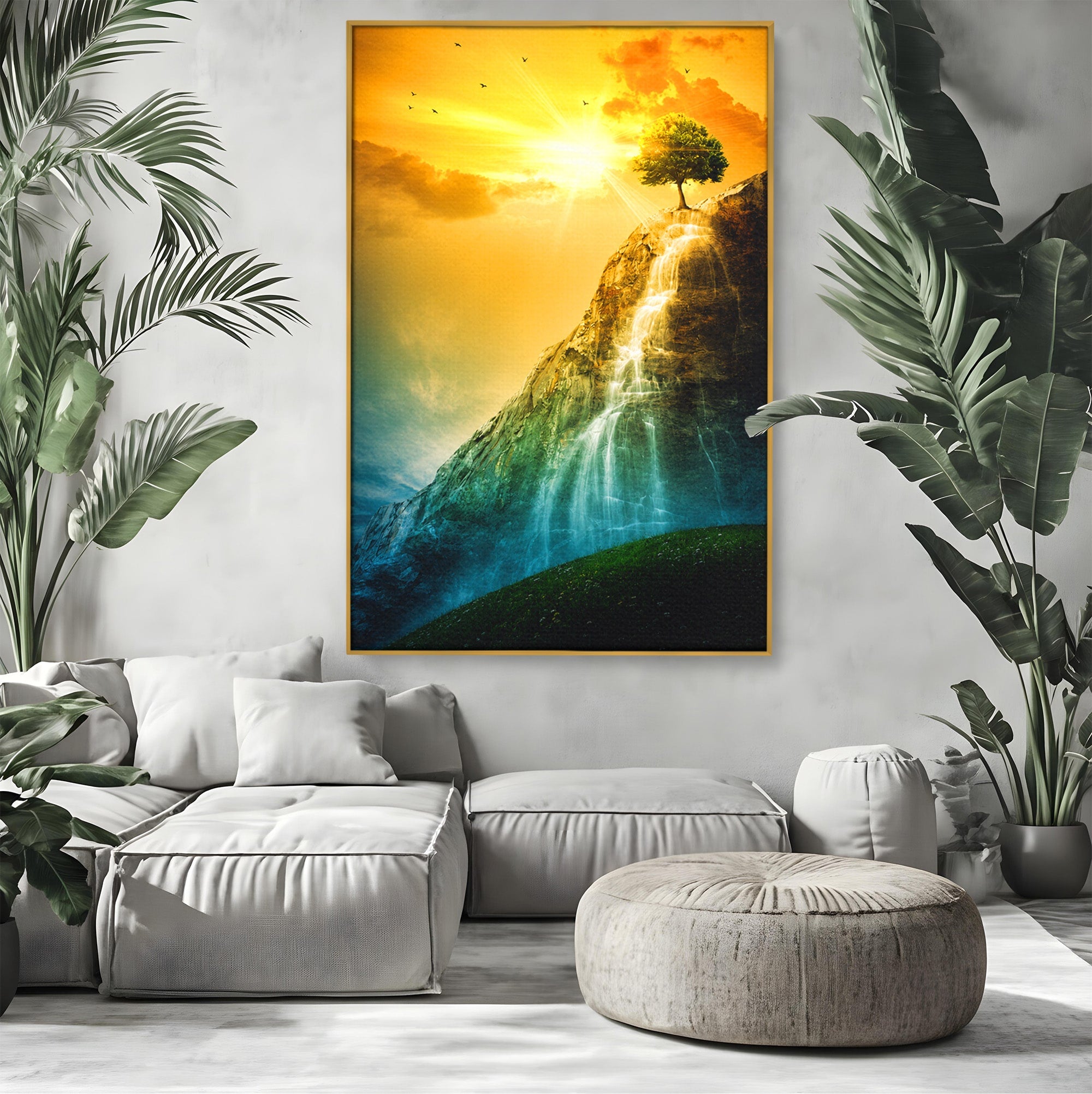 Tablou Canvas Premium LuxCanva® A1762, Copac Singuratic Pe Stanca, Peisaj, Copac, Stanca, Apus, Living, Natura, Culori Vibrante