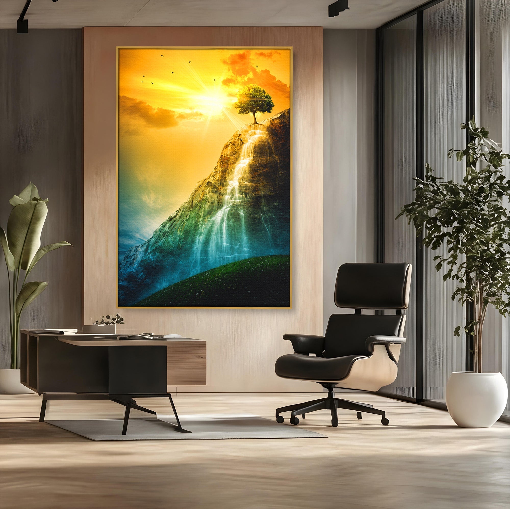 Tablou Canvas Premium LuxCanva® A1762, Copac Singuratic Pe Stanca, Peisaj, Copac, Stanca, Apus, Living, Natura, Culori Vibrante