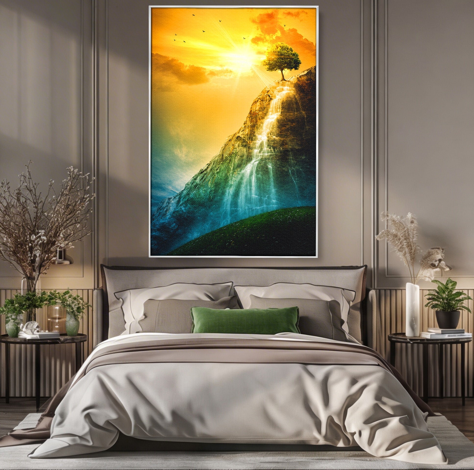 Tablou Canvas Premium LuxCanva® A1762, Copac Singuratic Pe Stanca, Peisaj, Copac, Stanca, Apus, Living, Natura, Culori Vibrante