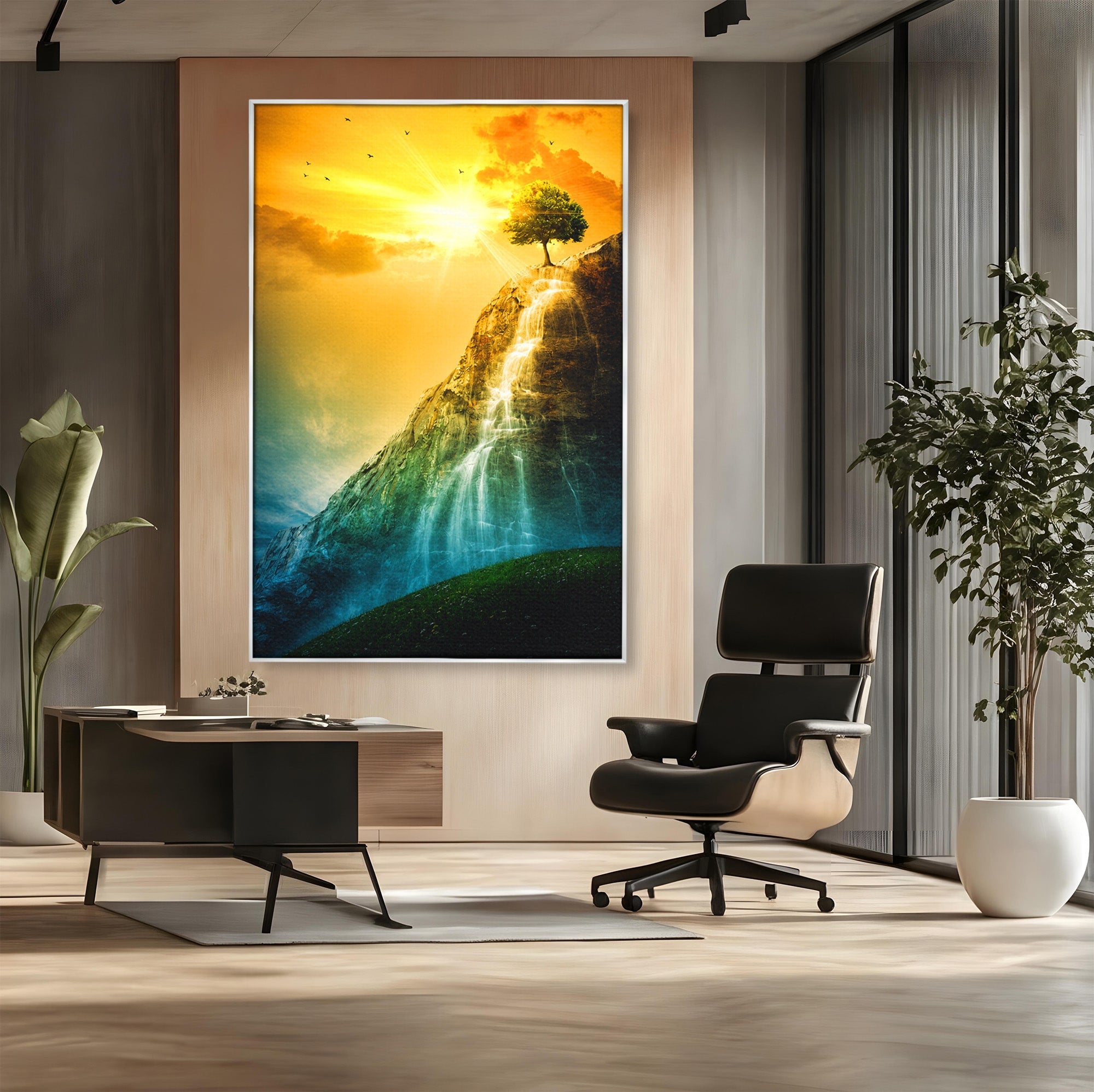 Tablou Canvas Premium LuxCanva® A1762, Copac Singuratic Pe Stanca, Peisaj, Copac, Stanca, Apus, Living, Natura, Culori Vibrante