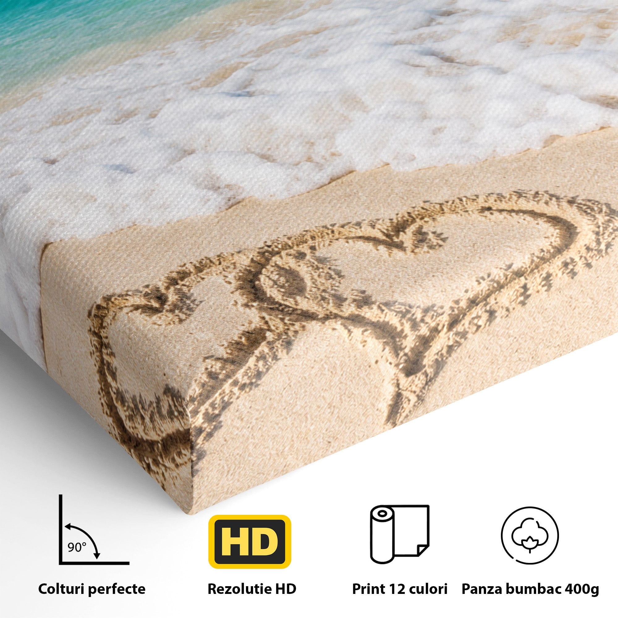 Tablou Canvas Premium LuxCanva® A1763, Inimi Pe Plaja, Inimi, Plaja, Ocean, Romantic, Living, Dormitor, Culori Vibrante