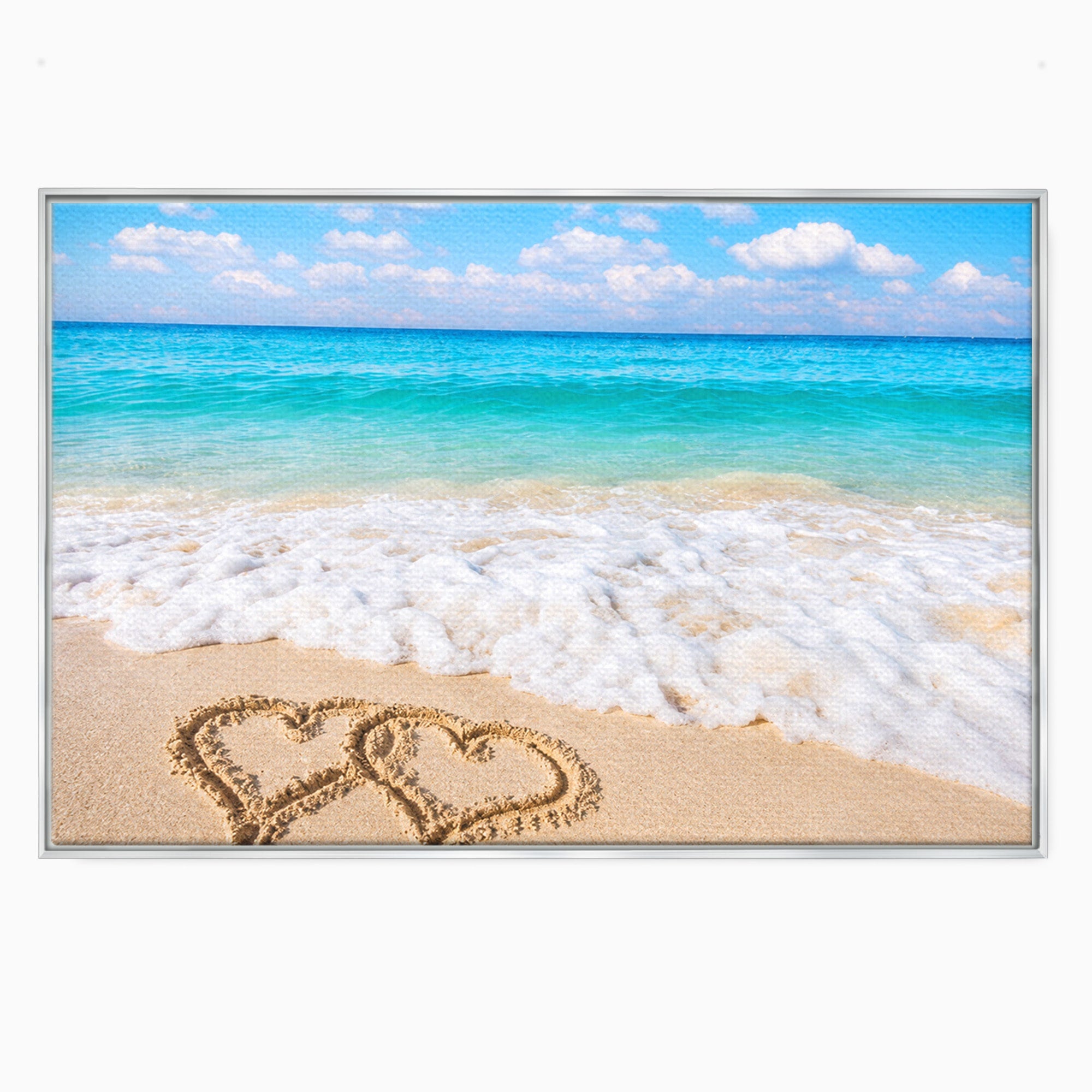 Tablou Canvas Premium LuxCanva® A1763, Inimi Pe Plaja, Inimi, Plaja, Ocean, Romantic, Living, Dormitor, Culori Vibrante