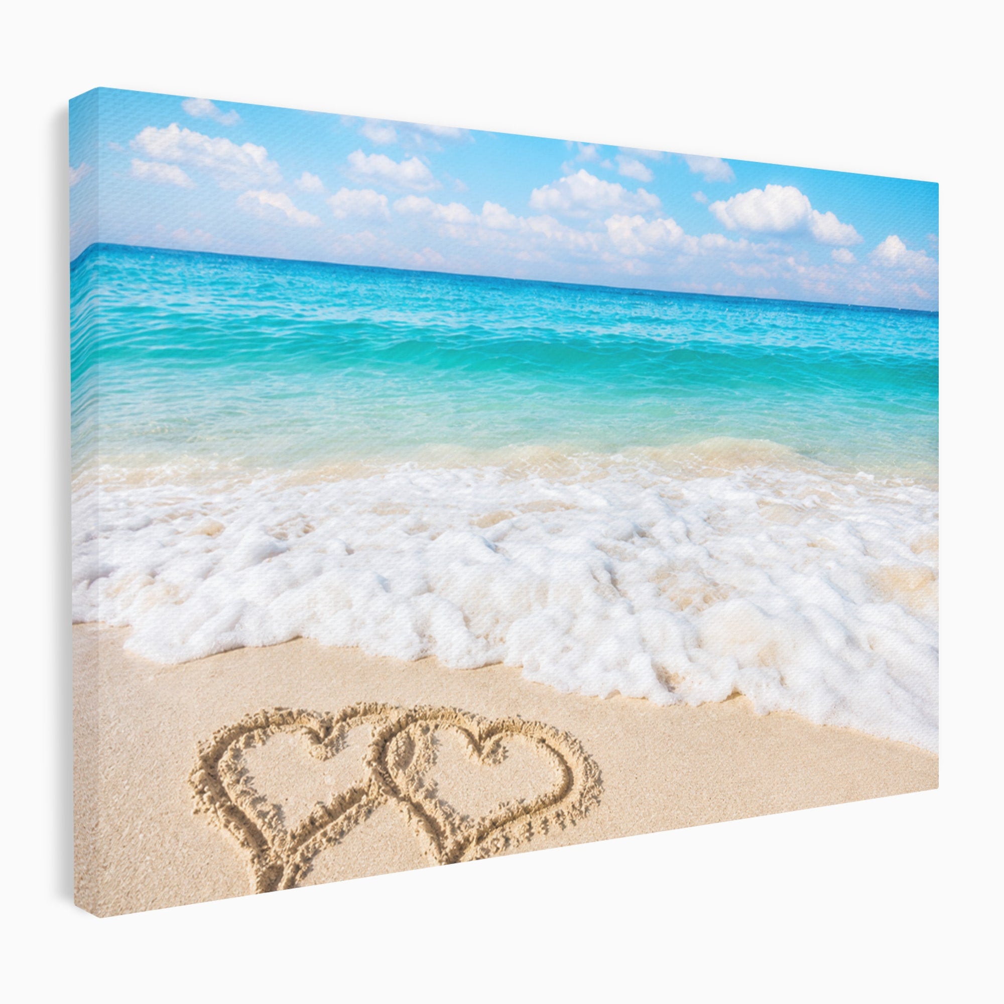 Tablou Canvas Premium LuxCanva® A1763, Inimi Pe Plaja, Inimi, Plaja, Ocean, Romantic, Living, Dormitor, Culori Vibrante