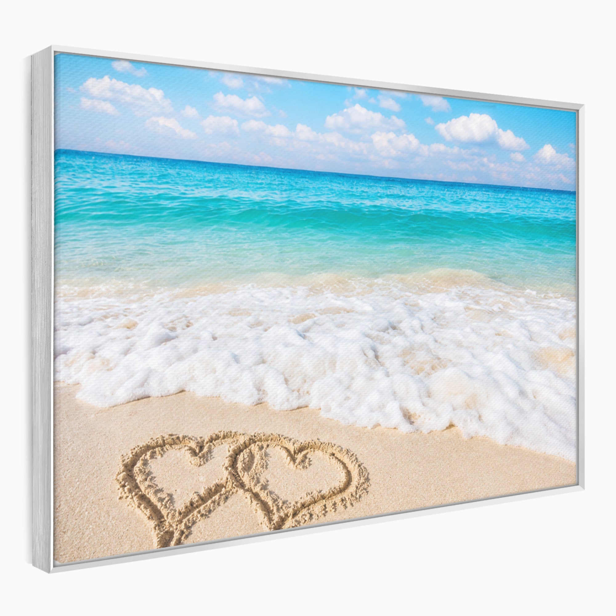 Tablou Canvas Premium LuxCanva® A1763, Inimi Pe Plaja, Inimi, Plaja, Ocean, Romantic, Living, Dormitor, Culori Vibrante