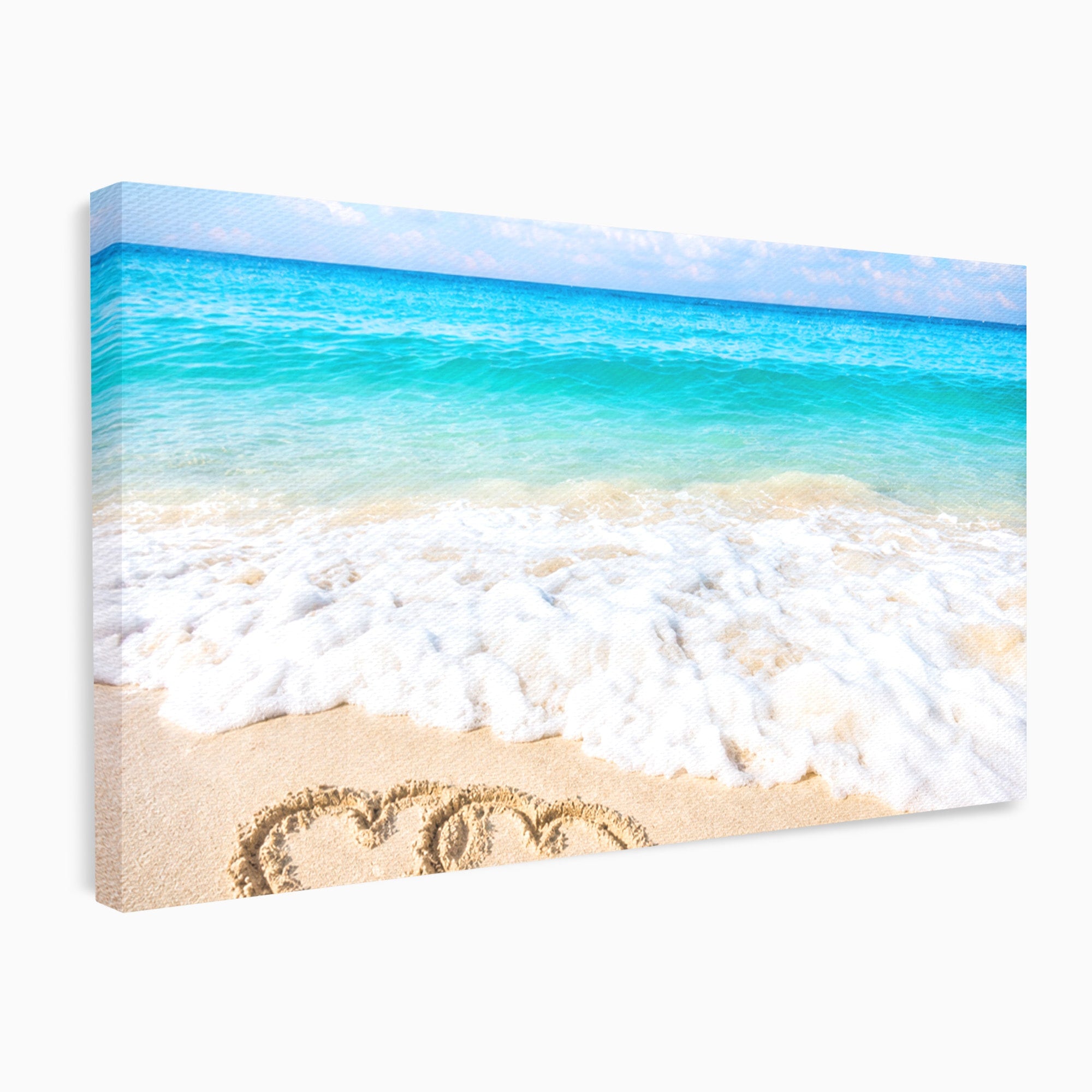Tablou Canvas Premium LuxCanva® A1763, Inimi Pe Plaja, Inimi, Plaja, Ocean, Romantic, Living, Dormitor, Culori Vibrante