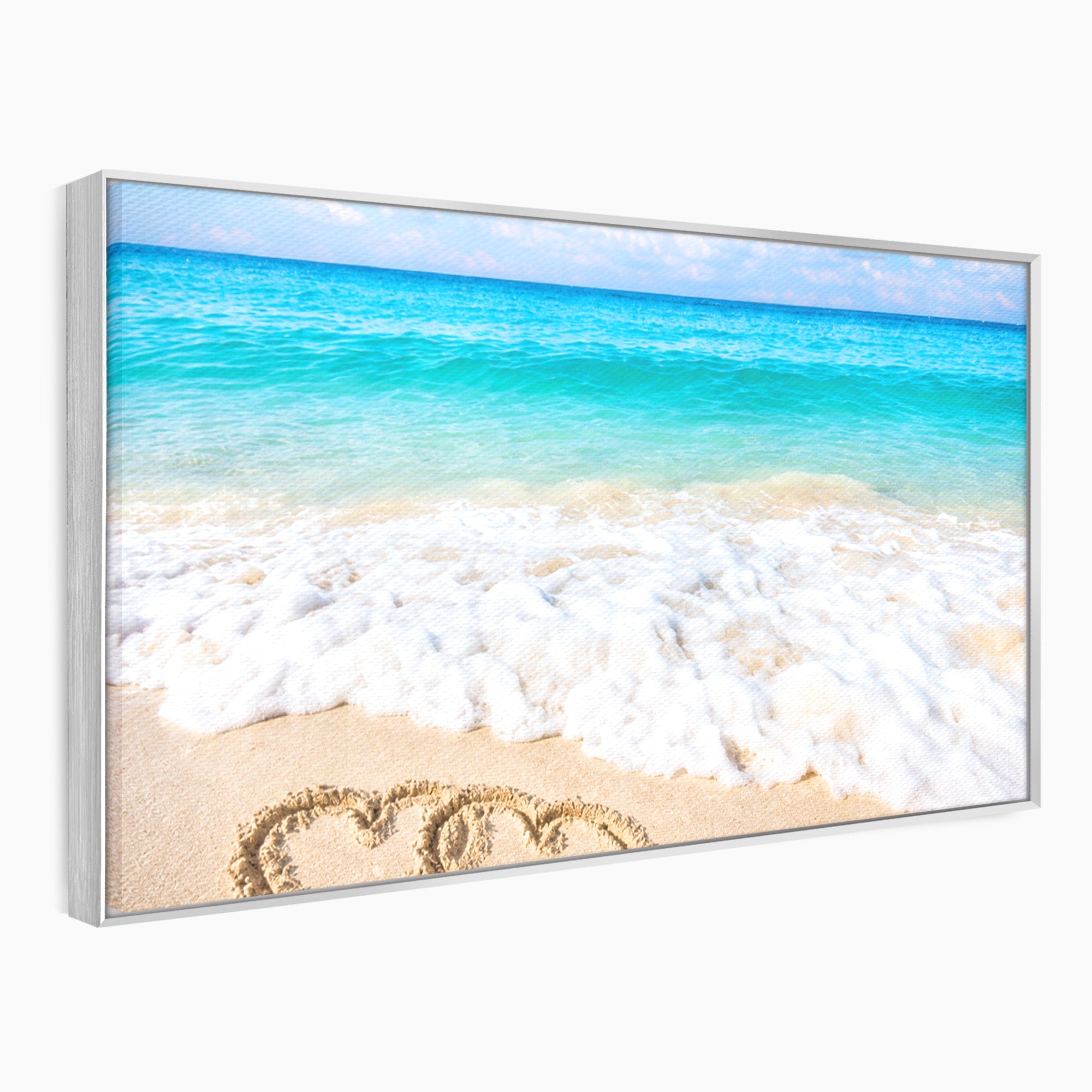 Tablou Canvas Premium LuxCanva® A1763, Inimi Pe Plaja, Inimi, Plaja, Ocean, Romantic, Living, Dormitor, Culori Vibrante