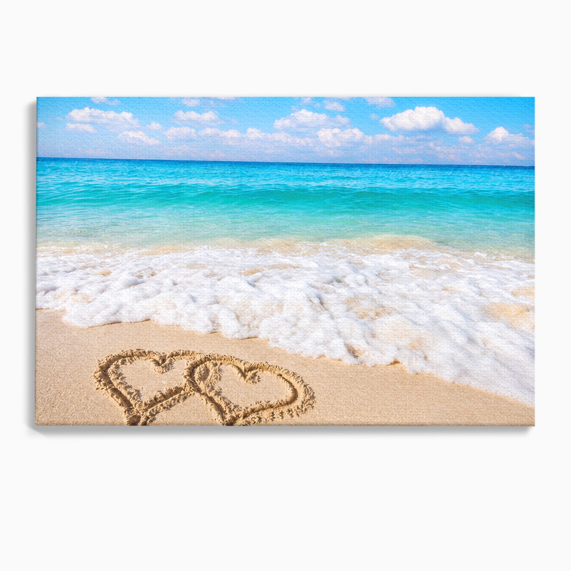 Tablou Canvas Premium LuxCanva® A1763, Inimi Pe Plaja, Inimi, Plaja, Ocean, Romantic, Living, Dormitor, Culori Vibrante