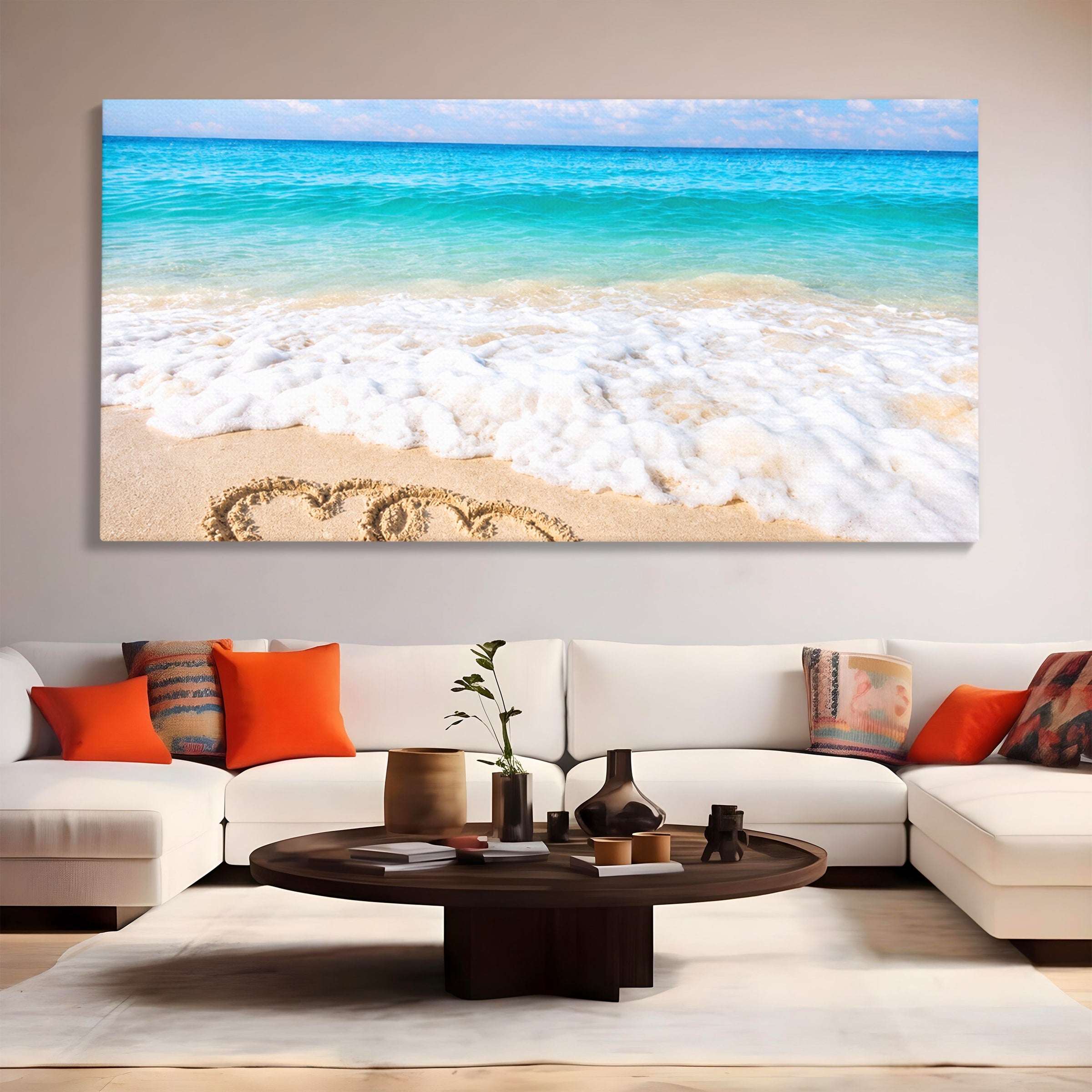Tablou Canvas Premium LuxCanva® A1763, Inimi Pe Plaja, Inimi, Plaja, Ocean, Romantic, Living, Dormitor, Culori Vibrante