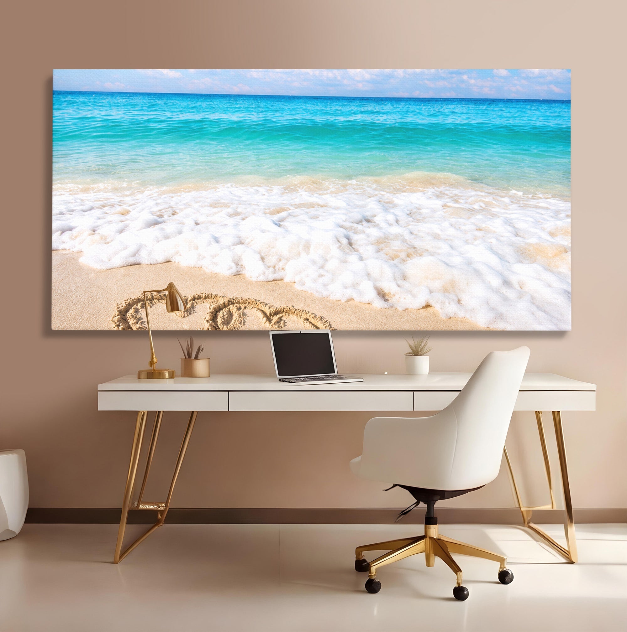 Tablou Canvas Premium LuxCanva® A1763, Inimi Pe Plaja, Inimi, Plaja, Ocean, Romantic, Living, Dormitor, Culori Vibrante