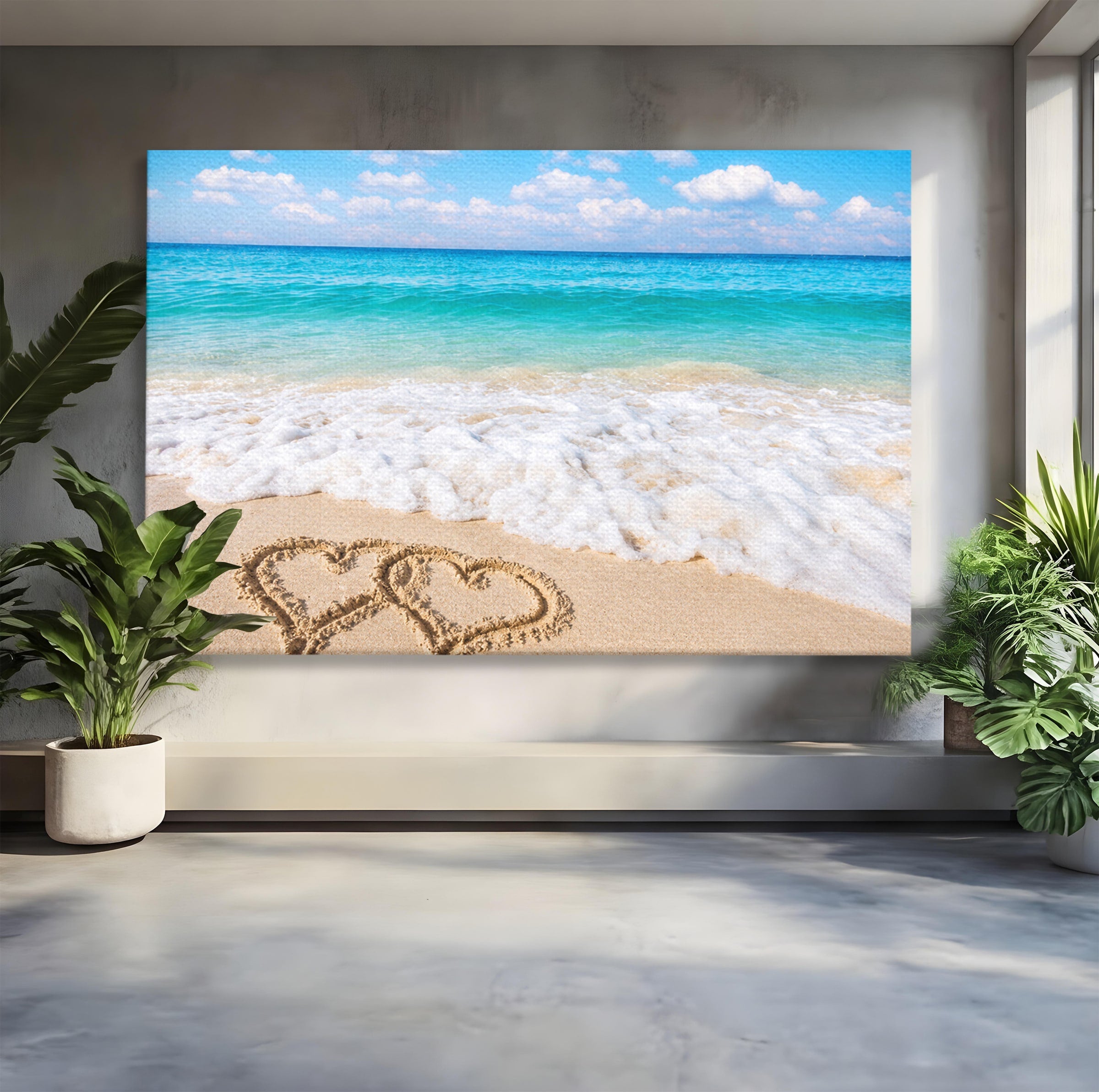 Tablou Canvas Premium LuxCanva® A1763, Inimi Pe Plaja, Inimi, Plaja, Ocean, Romantic, Living, Dormitor, Culori Vibrante
