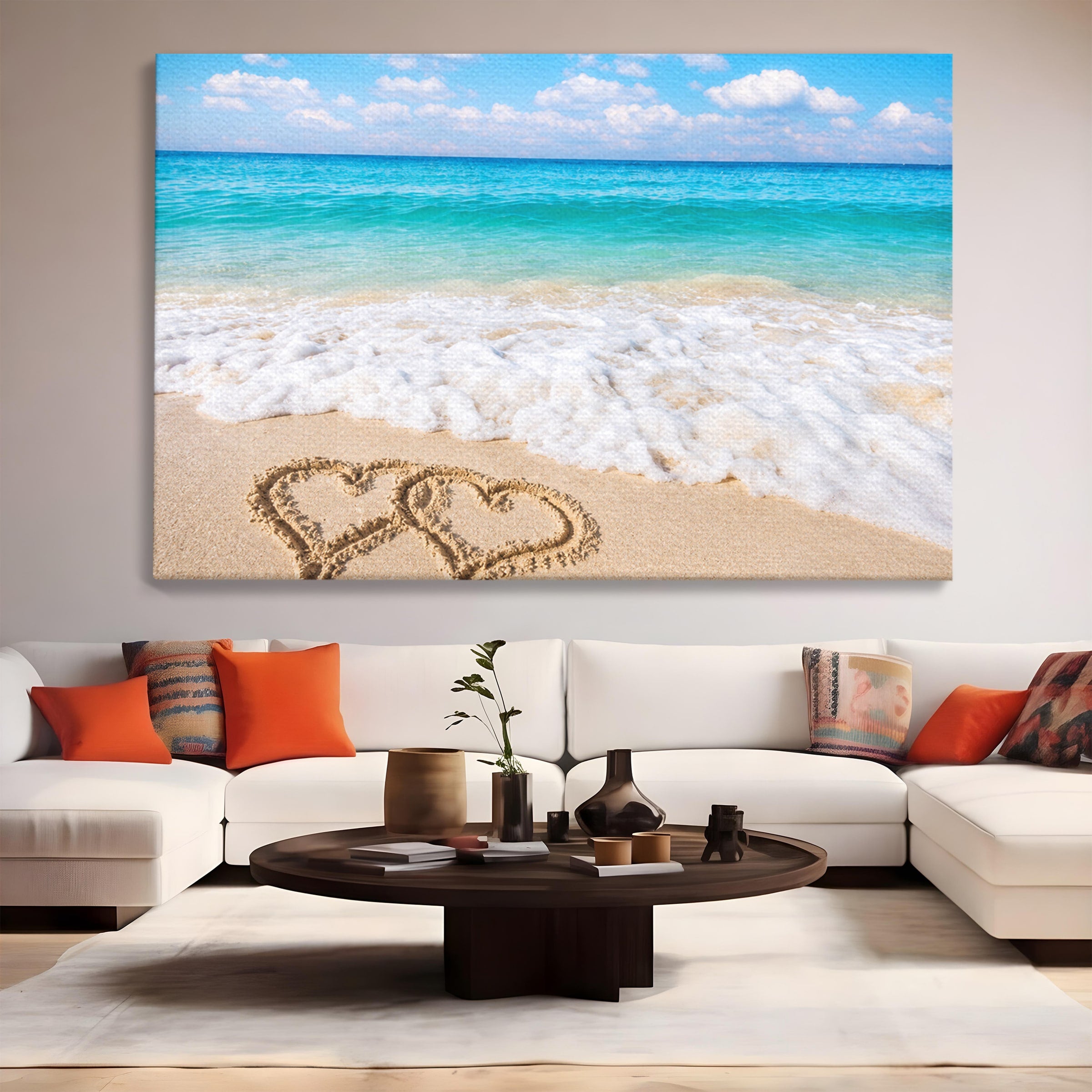 Tablou Canvas Premium LuxCanva® A1763, Inimi Pe Plaja, Inimi, Plaja, Ocean, Romantic, Living, Dormitor, Culori Vibrante