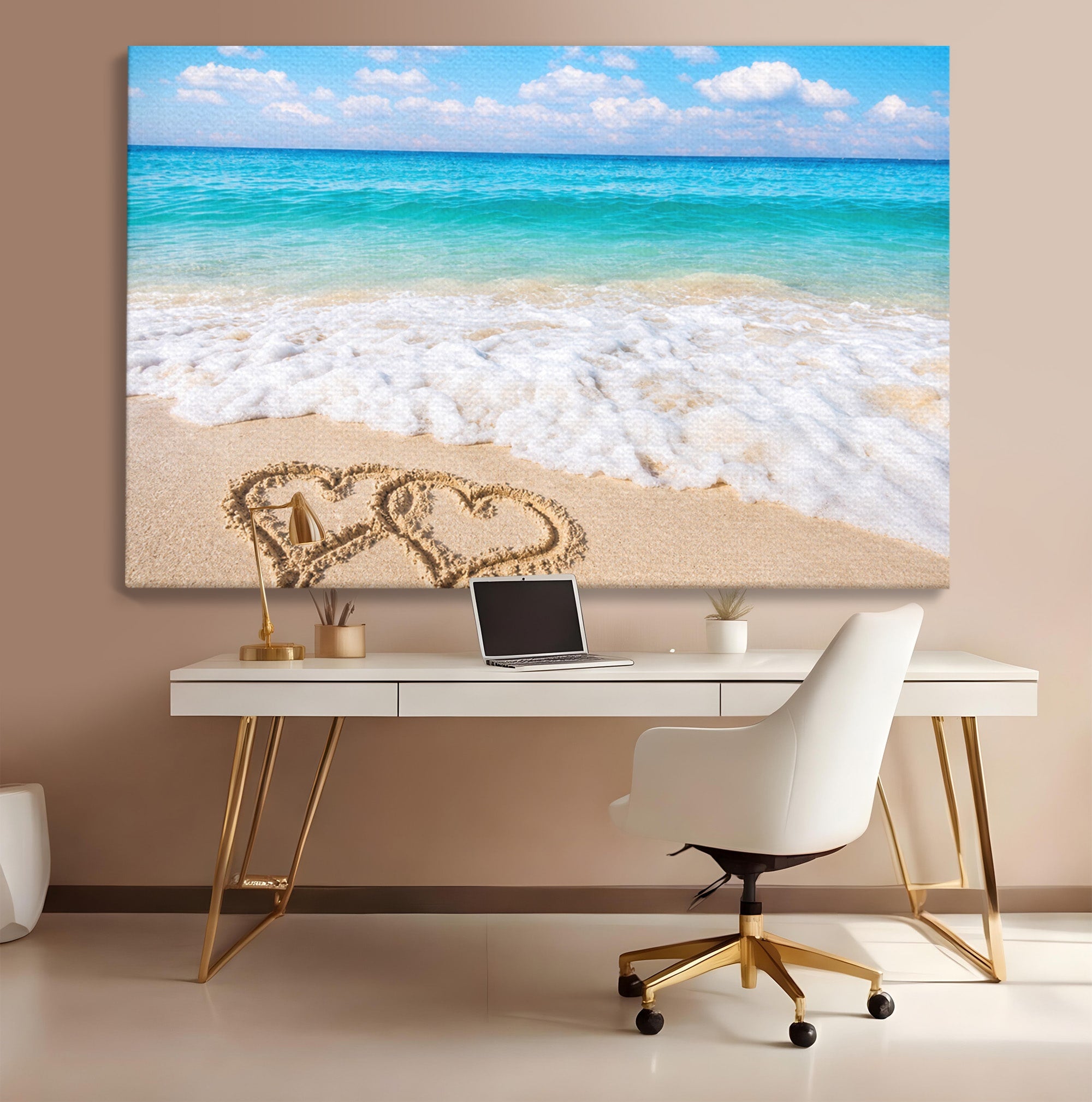 Tablou Canvas Premium LuxCanva® A1763, Inimi Pe Plaja, Inimi, Plaja, Ocean, Romantic, Living, Dormitor, Culori Vibrante