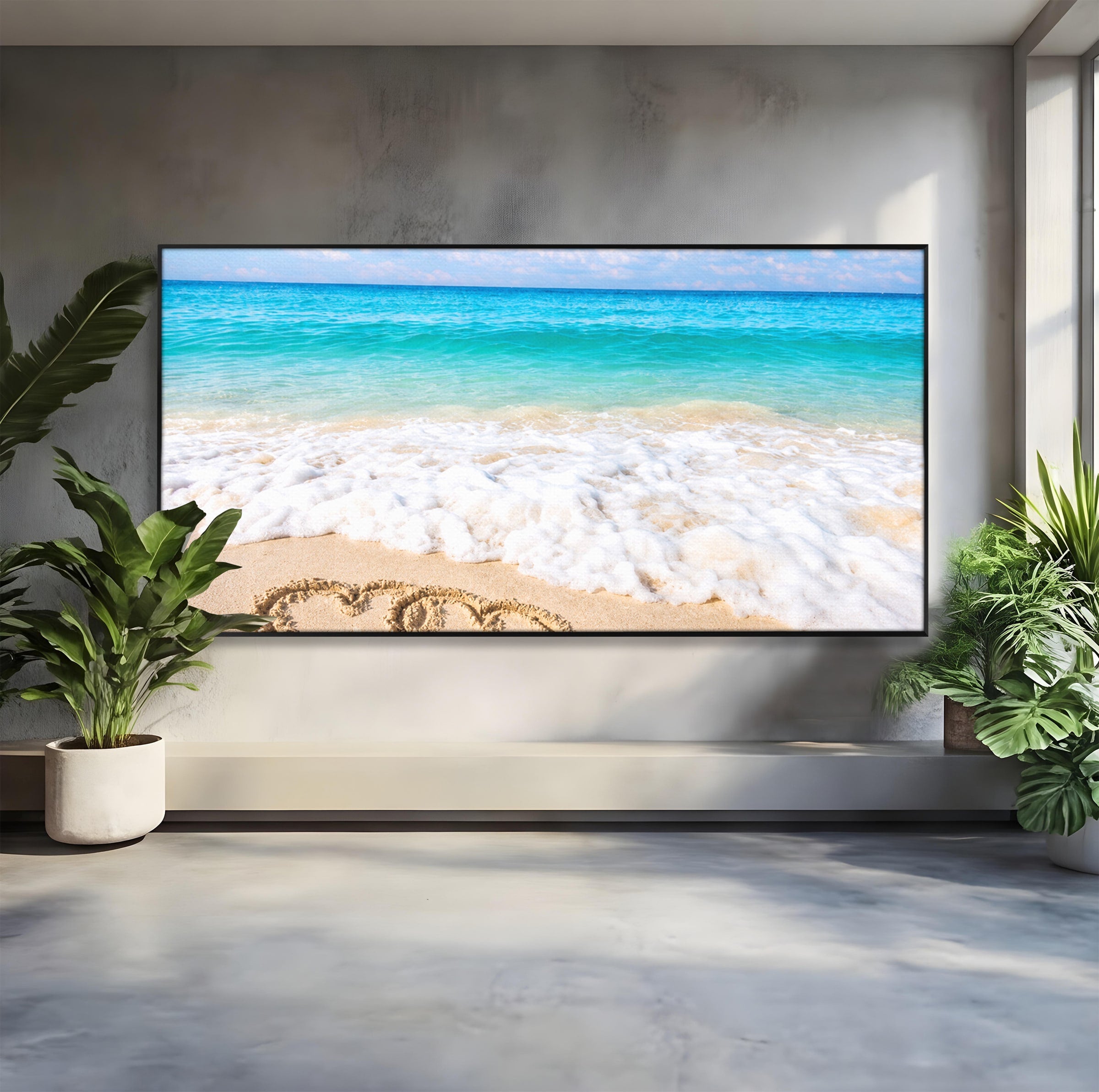 Tablou Canvas Premium LuxCanva® A1763, Inimi Pe Plaja, Inimi, Plaja, Ocean, Romantic, Living, Dormitor, Culori Vibrante