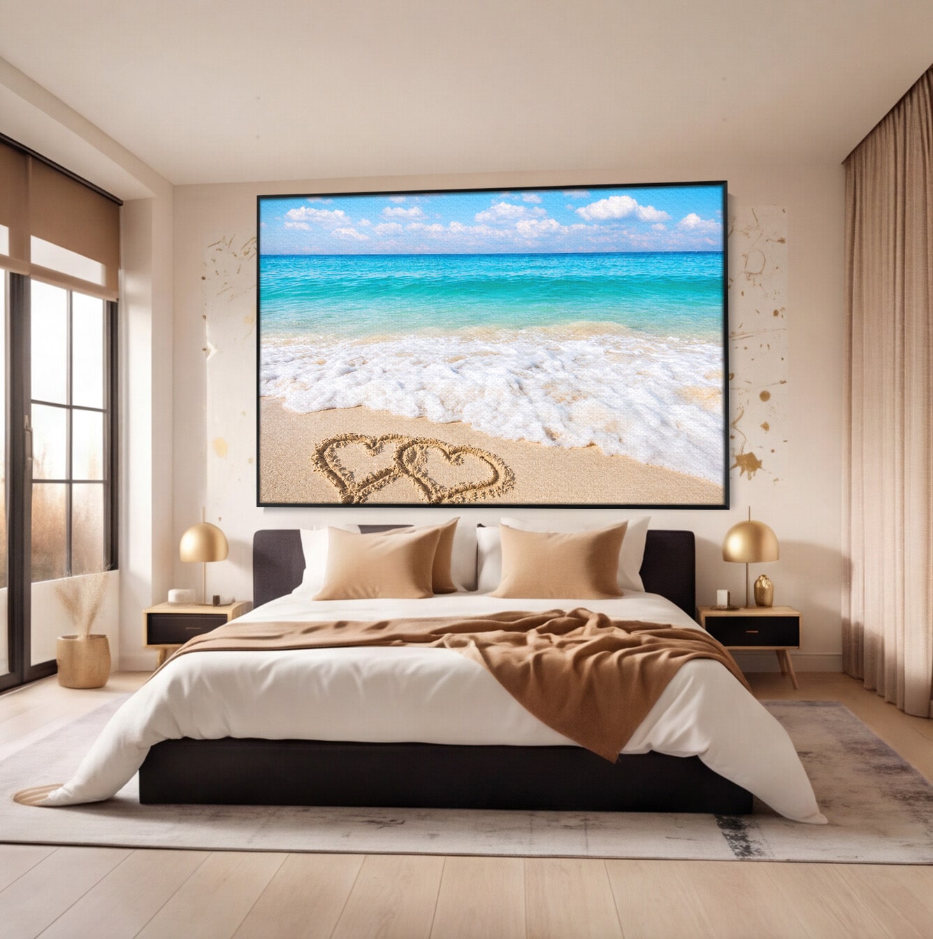 Tablou Canvas Premium LuxCanva® A1763, Inimi Pe Plaja, Inimi, Plaja, Ocean, Romantic, Living, Dormitor, Culori Vibrante