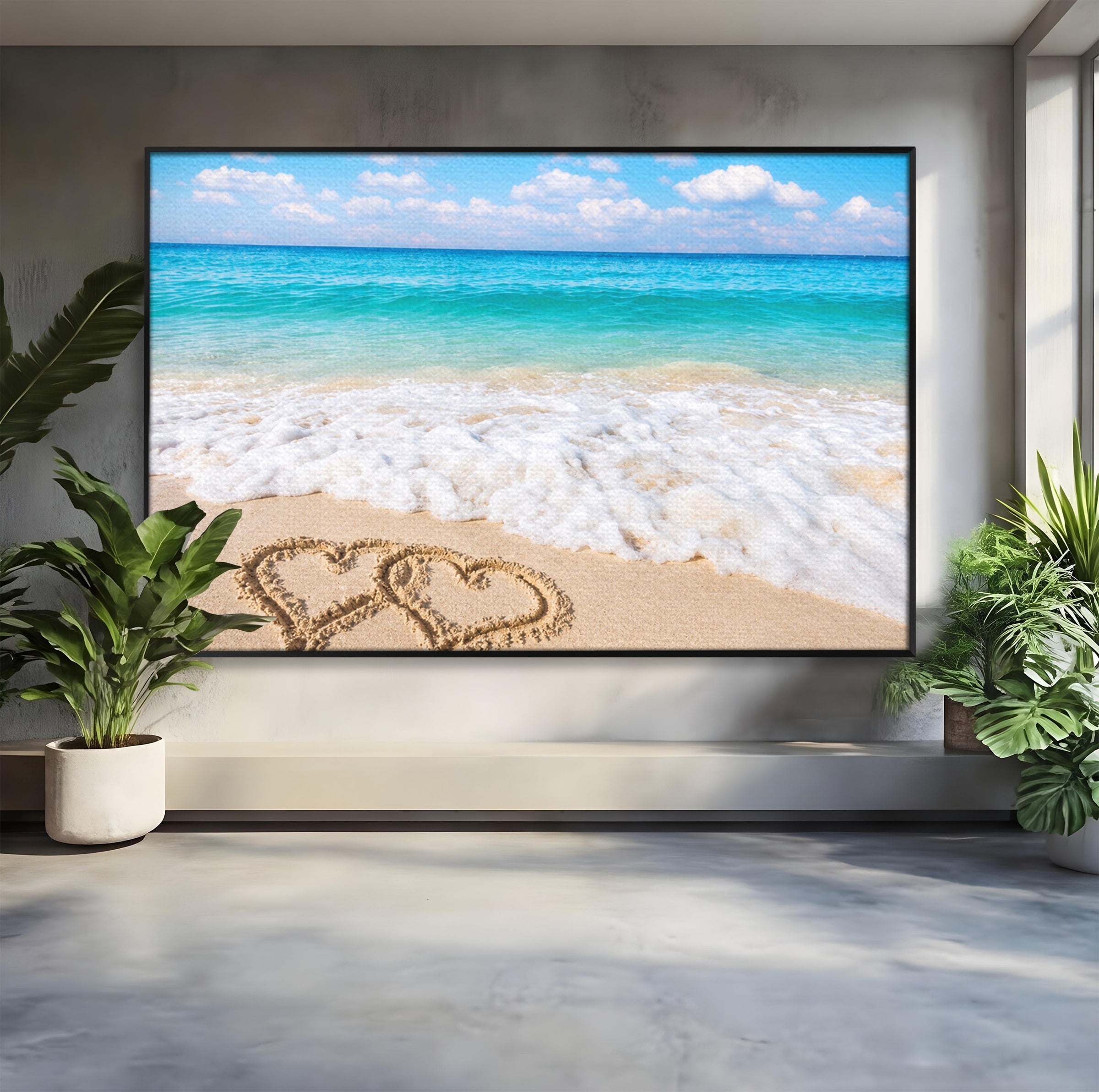 Tablou Canvas Premium LuxCanva® A1763, Inimi Pe Plaja, Inimi, Plaja, Ocean, Romantic, Living, Dormitor, Culori Vibrante
