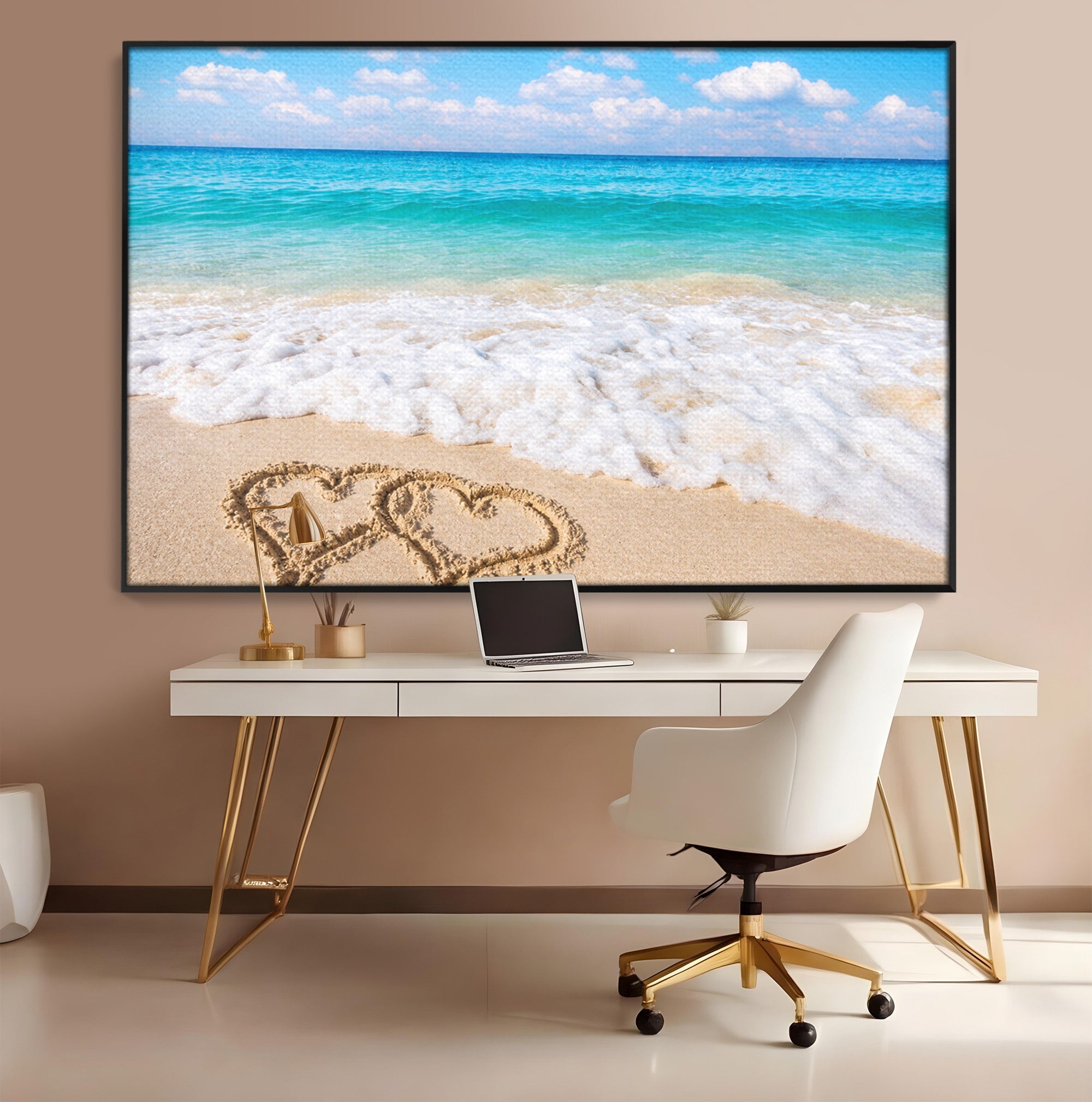 Tablou Canvas Premium LuxCanva® A1763, Inimi Pe Plaja, Inimi, Plaja, Ocean, Romantic, Living, Dormitor, Culori Vibrante